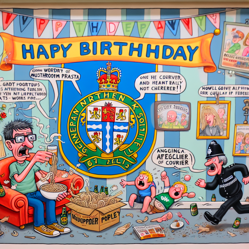 A colorful animation of a birthday celebration is underway, with the emblem of a generic northern UK soccer team being displayed prominently in the middle of the jubilant banner. Below this, a whimsical portrayal shows a character enjoying a bowl of mushroom pasta on a sofa, chuckling at a generic police sitcom on TV. Next to him, another character seems to be jogging on the spot, humorously emulating chasing after a courier swiftly exiting the scene with bottles of beer. Throughout the room, lighthearted references towards fatherhood are scattered, with charming drawings of children and amusing father-related jests adorning the walls.
Generated with these themes: Liverpool Football Club, Mushroom pasta, Brooklyn 99, Running, Pizza, Beer, and Being a Dad.
Made with ❤️ by AI.