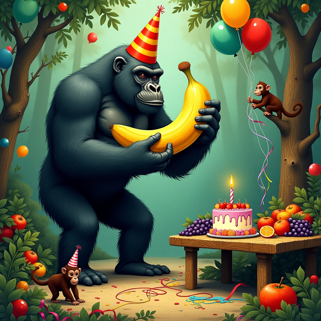 Front and center, a large and robust gorilla is the focal point, standing on its hind legs. Its thick, detailed fur is illustrated with a crosshatch technique reminiscent of Edward Gorey, with deep, shadowy blacks and subtle hints of gray to add dimension. The gorilla wears a comically oversized, brightly colored party hat, striped in red and yellow, reminiscent of Quentin Blake’s vibrant palette.

In one massive hand, the gorilla clutches an absurdly oversized, ripe banana, its skin a vivid, almost luminescent yellow with soft brown spots, echoing Norman Rockwell’s attention to realism and detail. The banana’s peel is artistically curled back in a flourish, suggesting motion, like a Maurice Sendak character caught mid-action.

Surrounding the gorilla is a chaotic birthday party scene. In the background, a tapestry of lush, green jungle foliage, inspired by Arthur Rackham, creates a detailed and intricate backdrop. Dotted throughout the jungle, clusters of balloons in various sizes and colors — sky blue, emerald green, and cherry red — hover and sway, their strings winding and twisting like Beatrix Potter’s playful line work.

To the right, a long table, crafted from a wooden log and etched with bark details, stretches into the distance. It’s laden with a feast of vividly colored fruit — deep purple grapes, glossy red apples, and vibrant orange slices — illustrated with the rich colors and attention to detail found in Maxfield Parrish’s work.

In the foreground, at the gorilla's feet, a small, whimsically illustrated cake, reminiscent of a Beardsley design with its intricate piping and ornate decorations, sits slightly askew, a single candle flickering atop it. The candle's wax is a soft lavender, dripping delicately down its side.

Scattered on the ground are colorful party streamers, winding their way through the scene like Gustave Doré's flowing lines, and a small, cheeky monkey perched on a tree branch overhead, wearing a miniature party hat, peeking down mischievously at the gorilla.

This detailed and whimsical birthday scene, with its blend of realistic details and playful elements, invites the viewer into a world where the party is both grand and a touch surreal, a celebration illustrated with the layered storytelling style of N.C. Wyeth.
Generated with these themes: gorilla banana.
Made with ❤️ by AI.