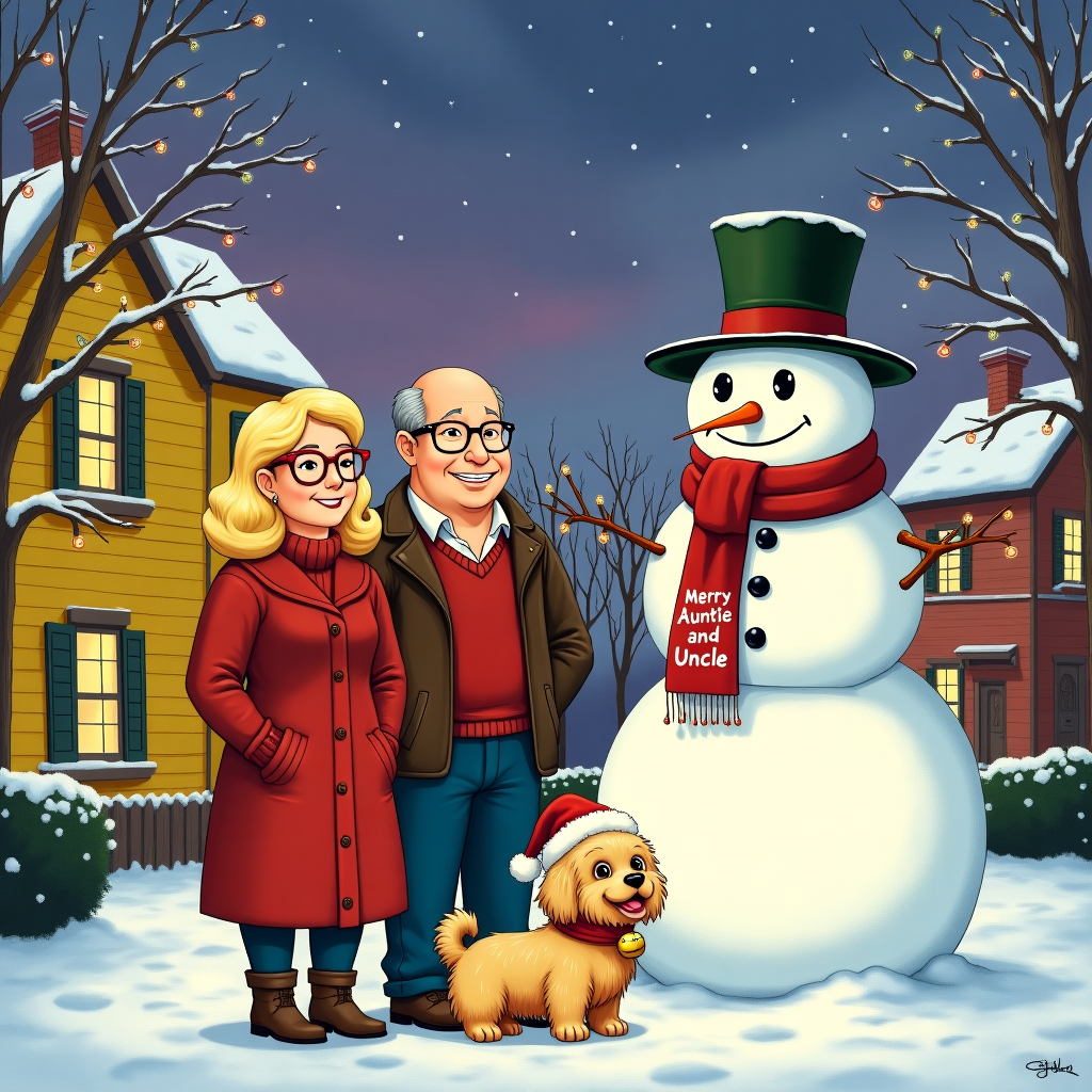 Curvy lady with blonde bob and glasses stood with a bald 50 year old man alongside a small lhasa apso dog, in the art style of the simpsons Christmas Card