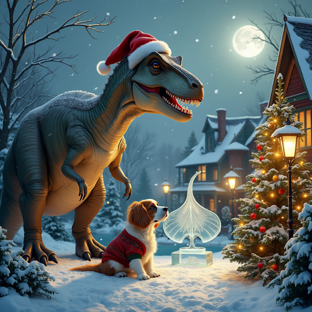 In a snow-covered Victorian village, nestled among quaint, ivy-clad houses with twinkling golden lights, a large T-rex adorned with a whimsical Santa hat towers gently over the scene, its fierce features softened by the gentle snowfall. Nearby, an elegantly decorated Christmas tree with colorful baubles and shimmering tinsel stands as a focal point. Underneath the tree, a King Charles Spaniel with expressive eyes and a silky coat, donning a festive red and green sweater, sits attentively, gazing up at the T-rex with a curious but trusting demeanor. To the left, a frozen pond gleams under the moonlight, with a life-size stingray ice sculpture meticulously carved to perfection, its smooth surface reflecting the surrounding lights. The stingray sculpture is detailed with delicate etchings, capturing the fluid grace of the sea creature. Around the edges of the pond, children in vintage winter attire are playfully engaged, their laughter adding a touch of warmth. The whole scene is framed by snow-dusted evergreen trees and lampposts with wreaths, tying the elements together in a heartwarming holiday tableau.
Generated with these themes: T-rex, Sting ray, and King Charles spaniel .
Made with ❤️ by AI.