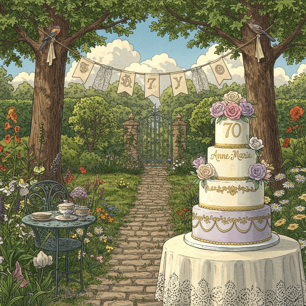 The scene unfolds with an elegant, yet whimsical garden setting, captured in a detailed hand-drawn illustration style reminiscent of a Beatrix Potter tale. The foreground features a classic wrought iron table draped with a simple, ivory lace tablecloth. At the center, a majestic, three-tiered birthday cake stands proudly, adorned with delicate sugar flowers and a subtle lavender hue. Each tier is bordered with fine gold filigree icing, giving it an air of timeless elegance.

The centerpiece of the cake is the inscription “Anne Marie” written in a delicate script, formed from edible gold leaf, glimmering under the soft afternoon sun. The sun itself peeks through a canopy of lush, intricately detailed trees, their leaves a vibrant emerald green with subtle touches of golden yellow, hinting at the change of seasons.

In the background, a path made of rustic cobblestones meanders through the garden, leading to a small, ornate wrought iron gate slightly ajar, as if inviting exploration. Along the path, wildflowers in muted shades of lavender, periwinkle, and soft pinks grow freely, adding a touch of color and whimsy.

Above, the sky is a Maxfield Parrish-inspired expanse of serene azure, with fluffy, cotton candy clouds lazily drifting by. A quaint banner made from vintage fabric is strung between two towering, ancient oak trees, gently swaying in the breeze. It reads “70” in bold, classic typography, flanked by charming, hand-drawn birds reminiscent of an Arthur Rackham illustration, each carrying tiny scrolls tied with golden ribbon in their beaks.

The overall composition is grounded by the intricate detail of the garden setting, yet elevated by the graceful, flowing lines of the cake and banner, drawing the viewer’s eye through this enchanting celebration of seventy years.
Generated with these themes: Birthday Card simple and elegant for 70 years old.
Made with ❤️ by AI.