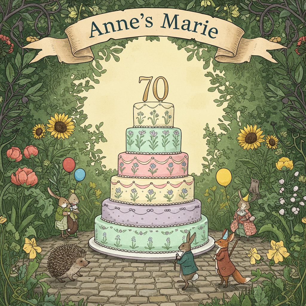 **Front Cover Illustration Description:**

- **Central Focus**: A grand, multi-tiered birthday cake sits prominently in the middle of the scene. The cake is intricately decorated with delicate floral patterns reminiscent of Beatrix Potter's whimsical flora. Each tier of the cake features a different pastel shade: the base layer is a soft mint green, the middle a gentle lavender, and the top layer a blush pink. The cake is topped with an elegant, golden numeral "70."

- **Anne Marie's Banner**: A festive, hand-drawn banner flows across the top of the card. It's crafted in a Victorian style with swirling, decorative edges inspired by Aubrey Beardsley's intricate linework. The banner is a classic parchment color with "Anne Marie" elegantly written in a cursive script, using a deep royal blue ink that stands out against the warm background.

- **Background Elements**: The backdrop is an open, inviting garden scene, reminiscent of the idyllic landscapes found in Maurice Sendak's works. Lush greenery and blooming flowers frame the cake, with details as fine as those in Arthur Rackham's illustrations. The colors are vibrant yet soft, using rich emerald greens for the foliage and a medley of warm colors—sunflower yellows, coral pinks, and sky blues—for the flowers.

- **Additional Details**: Around the cake, tiny woodland creatures inspired by Edward Gorey’s distinctive style and Beatrix Potter’s charming animals are positioned as if they're attending a celebration. There’s a hedgehog carrying a small wrapped gift, a rabbit holding a delicate balloon, and a fox wearing a tiny party hat. These characters add a touch of whimsy and detail, each carefully rendered with fine lines and textures.

- **Foreground and Texture**: The foreground of the card is subtly textured with a cobblestone pathway leading up to the cake. The cobblestones have a natural, weathered look, utilizing soft grays and earthy browns. Small details like fallen petals and leaves add depth, inspired by N.C. Wyeth's mastery in creating immersive environments.

This design combines the elegance suited for a 70th birthday with playful, detailed elements that draw the viewer into a storybook-like celebration scene.
Generated with these themes: Birthday Card simple and elegant for 70 years old.
Made with ❤️ by AI.