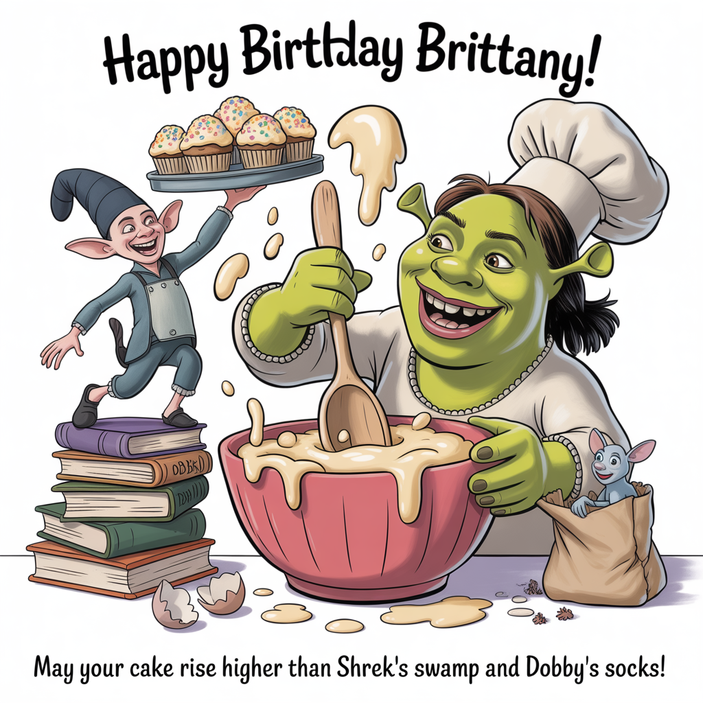 Fiona from shrek, dobby the house elf, baking, and Birthday Card