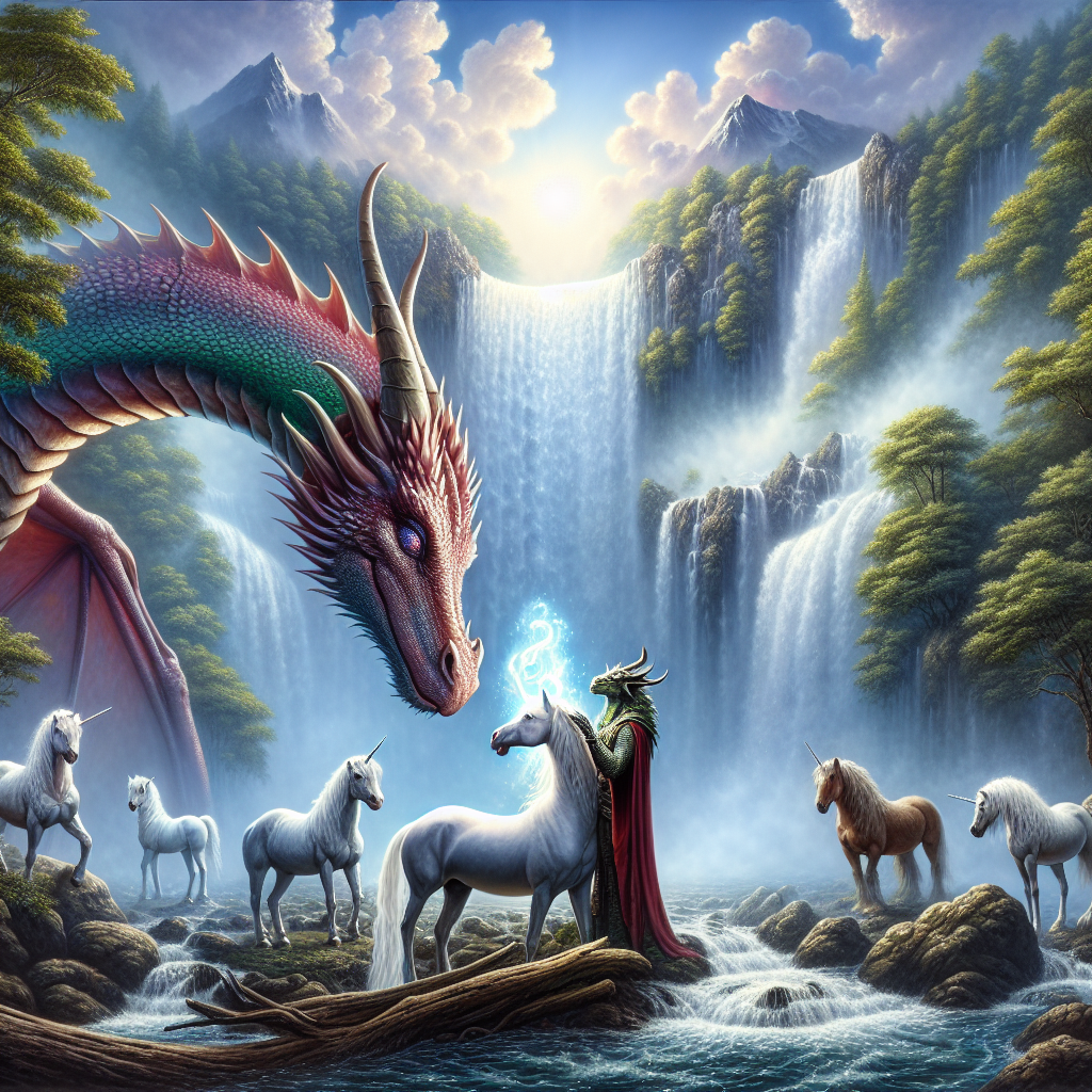 Create an A4-sized painting that masterfully blends fantastical elements with a realistic natural environment. In the foreground, depict a dragon gently touching the forehead of a unicorn, infusing the scene with a touch of fantasy and spirituality. Behind this interaction, illustrate a cascading waterfall with its misty spray casting an ethereal glow, enhancing the mystical feeling. The surroundings should be depicted in a hyper-realistic way, suggesting that this magical moment is happening in our world. The magical creatures are gathered in a celebratory manner, implying they are participating in a birthday gathering within this splendorous natural scene.
Generated with these themes: Dragon kissing unicorn, A4 size, Waterfall, and Spiritual.
Made with ❤️ by AI.