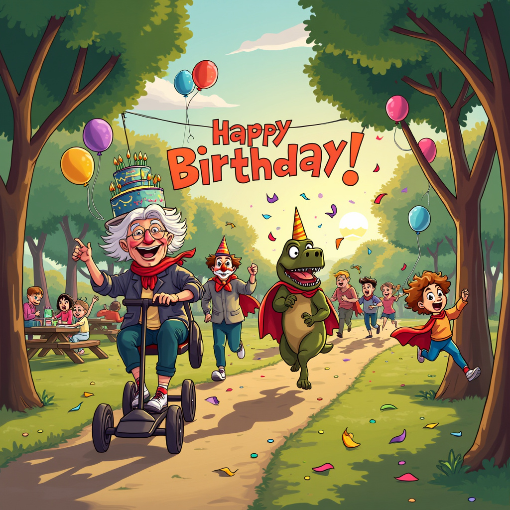 In the center of the card, picture a zany, chaotic scene in a colorful, animated park. A group of party-goers is involved in an unexpected birthday-themed marathon race. Leading the pack is an elderly woman with a birthday hat, grinning ear-to-ear as she zips forward on a scooter, her scarf flapping wildly behind her. Behind her, a man in a clown costume runs while balancing a towering cake, its candles lit and wobbling precariously. Further back, a woman in a dinosaur costume chases after her balloon that has floated away, her short arms reaching out desperately. To the right, a dog in a superhero cape dashes ahead, carrying a streamer in its mouth, leading a group of kids who are laughing and trying to catch up. In the background, there's a banner strung between two trees that reads "Happy Birthday!" in bright, bold letters. Balloons of all shapes and colors are tied to the trees, some of which have broken free and float towards the sky. The ground is littered with confetti, and a few overturned picnic tables indicate that the race took everyone by surprise. Off to the side, a band of musicians, dressed in quirky costumes, continue to play festive tunes as they jog along with their instruments, adding to the hilarity. The sun is setting, casting a golden hue over the entire scene, making the already vivid colors even more vibrant.
Generated with these themes: Run.
Made with ❤️ by AI.