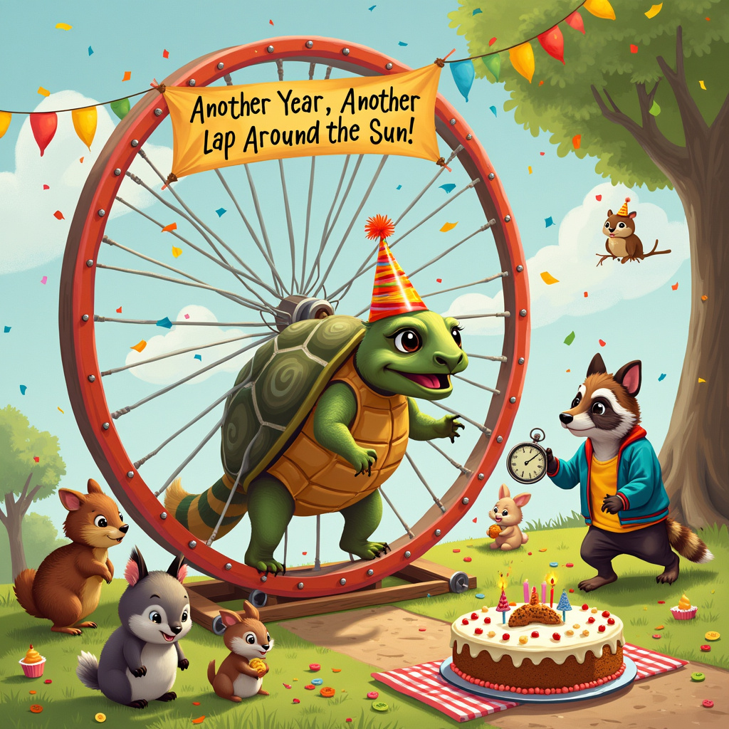In the foreground of the birthday greeting card, we have a comically exaggerated, life-sized hamster wheel. Inside the wheel, there is a very enthusiastic tortoise wearing a tiny, colorful party hat and an even tinier running suit. The tortoise's stubby legs are a blur, showcasing unexpected athleticism. Attached to the outside of the wheel is a banner that reads, "Another Year, Another Lap Around the Sun!" in vibrant, balloon-shaped letters.

To the right of the wheel, there is a raccoon, also in a festive party hat, holding a stopwatch and looking intently at the time, ready to announce a new personal best. The raccoon is decked out in a coach's tracksuit, complete with a whistle around its neck. On the left side of the scene, a group of party-goers, which include an owl, a rabbit, and a hedgehog, cheer on the tortoise. They are standing next to a birthday cake shaped like a finish line, complete with frosting “ribbon” being broken by a fondant tortoise. 

The background showcases a park-like setting with colorful confetti falling from the sky, a large banner strung between two trees with the words "Happy Birthday!" and balloons tied to the branches. There are also scattered picnic blankets with more woodland creatures enjoying snacks and wearing party hats, clearly immersed in the birthday festivities. In the distance, you can see a squirrel running on a tiny treadmill, clearly inspired by the tortoise's example. 

Every character and element is meticulously detailed, down to the tortoise’s determined expression, the stopwatch’s ticking hands, and the intricate decorations on the cake. The scene is vibrant and bustling, capturing the essence of a joyful, run-themed birthday celebration.
Generated with these themes: Run.
Made with ❤️ by AI.