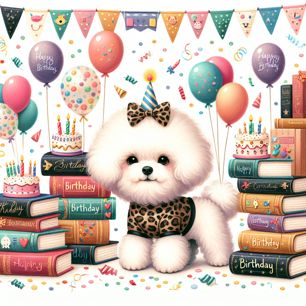 An endearing birthday celebration illustration filled with cheerful elements. Central to the artwork is a fluffy Bichon Frise dog with stark white fur that beautifully contrasts against a backdrop of festively arranged books. Each book is decorated with colorful spines and assorted birthday motifs, signifying a celebration of knowledge and a passion for reading. The cute dog is stylishly dressed in leopard print clothes, adding a playful sophistication to the scene. Additional festivity is added through floating balloons, sprinkled confetti, and an unobtrusive birthday cake, enhancing the celebratory atmosphere of this lovely artwork.
Generated with these themes: books, bichon friese dog, leopard print clothes, .
Made with ❤️ by AI.