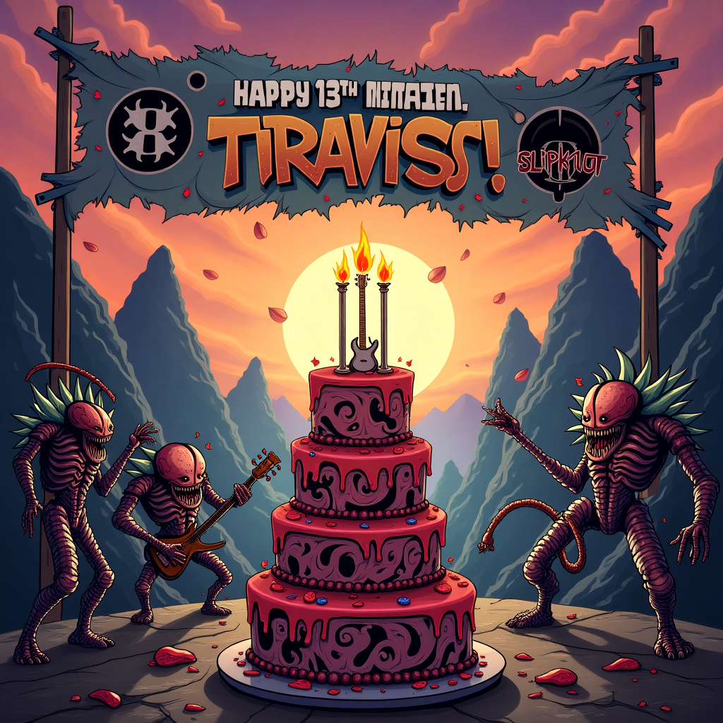 **Front Cover Design for Travis's 13th Birthday Card**

The scene is set in an energetic, fantasy-style battleground with a whimsical twist, where the chaotic world of Warhammer's Tyranids merges with the electrifying atmosphere of a heavy metal concert.

**Background:**

- **Sky:** The sky is a swirling mix of vibrant oranges and purples, reminiscent of a dramatic sunset. Distant silhouettes of alien planets hover, casting an otherworldly glow. 
- **Horizon:** Jagged mountain peaks in dark shades, almost silhouetted, serve as a backdrop. 

**Main Elements:**

- **Tyranids:** Positioned on one side, several detailed and expressive Tyranids are engaged in a comical battle. They have exaggerated, cartoonish features: oversized heads with too many teeth and spindly, clawed limbs that flail in a chaotic manner. Their exoskeletons shimmer in metallic shades of gunmetal and emerald, reflecting light.
- **Heavy Metal Stage:** On the other side, a concert stage erupts with activity. A band of Tyranids dons heavy metal garb, with guitars shaped like bone scythes. Their drums resemble ancient, alien artifacts. Oversized speakers thump with visible sound waves. Banners overhead display "Slipknot" and "Machine Head" logos in fiery red and black graffiti-style lettering.

**Foreground:**

- **Birthday Cake:** Front and center, a towering, decadent cake decorated in vivid, neon colors. The icing is swirled like alien landscapes, with tiny Tyranid figures climbing the sides. The cake top features a pair of drumsticks crossed over a thirteenth candle, blazing with electric blue flames.
- **Banner:** A tattered, heavy metal style banner unfurls across the scene, its edges frayed. The text "Happy 13th Birthday, Travis!" is emblazoned in metallic silver, with bold, angular lettering reminiscent of band logos.

**Details:**

- **Confetti:** Floating across the scene, a shower of confetti in metallic hues – copper, silver, and gold – catches light as it drifts.
- **Textures:** The ground beneath the Tyranids is littered with alien flora, featuring oversized mushrooms and twisted, vine-like plants in dark, earthy tones. The surface sparkles with a glittering dust that reflects the vibrant stage lights.

This illustration should capture the wild energy of a heavy metal concert while humorously incorporating the fantasy elements of the Warhammer universe, all tailored to celebrate Travis's 13th birthday in an unforgettable way.
Generated with these themes: Happy 13th birthday , Warhammer Tyranids, Metal music, Slipknot, and Machine head.
Made with ❤️ by AI.