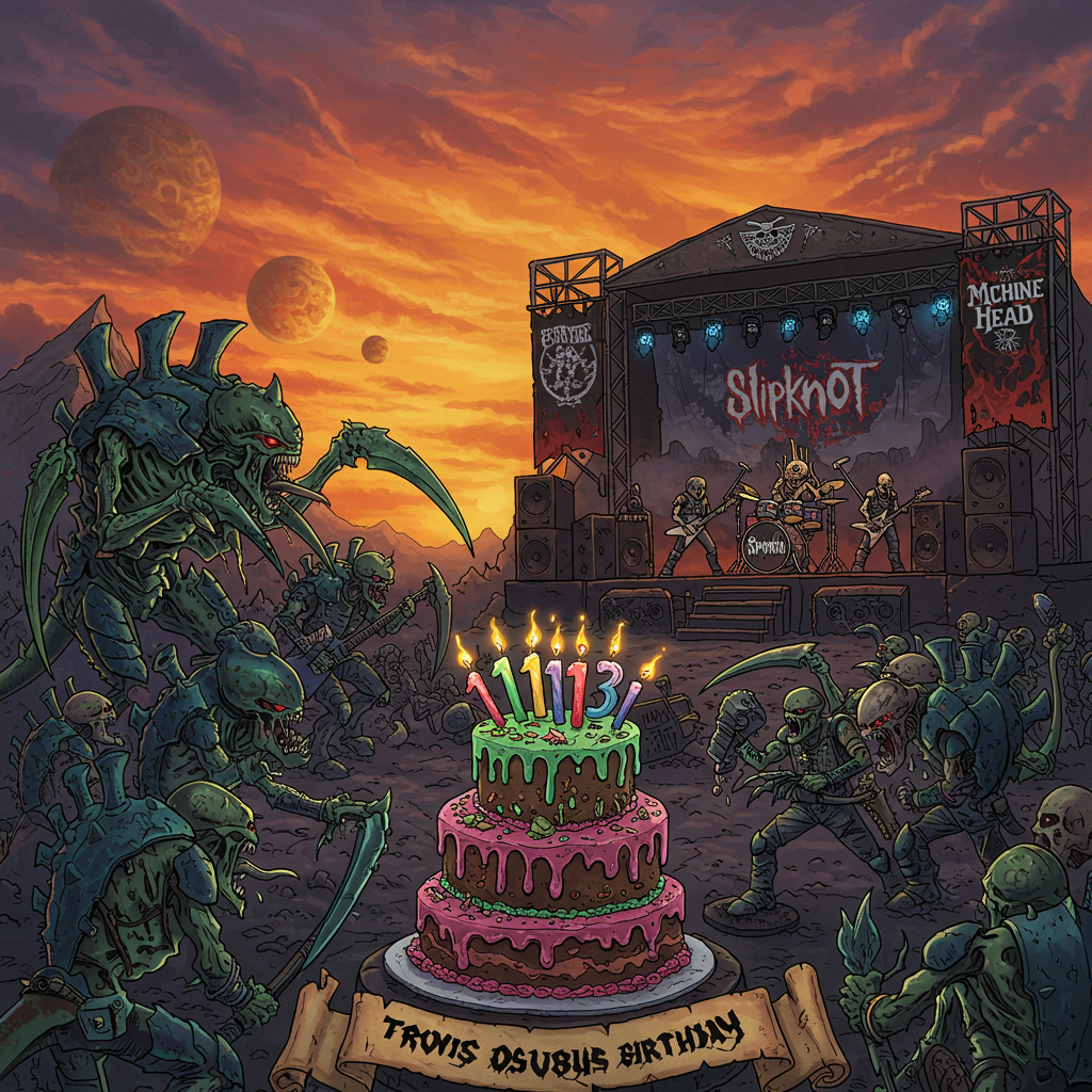 **Front Cover Design for Travis's 13th Birthday Card**

The scene is set in an energetic, fantasy-style battleground with a whimsical twist, where the chaotic world of Warhammer's Tyranids merges with the electrifying atmosphere of a heavy metal concert.

**Background:**

- **Sky:** The sky is a swirling mix of vibrant oranges and purples, reminiscent of a dramatic sunset. Distant silhouettes of alien planets hover, casting an otherworldly glow. 
- **Horizon:** Jagged mountain peaks in dark shades, almost silhouetted, serve as a backdrop. 

**Main Elements:**

- **Tyranids:** Positioned on one side, several detailed and expressive Tyranids are engaged in a comical battle. They have exaggerated, cartoonish features: oversized heads with too many teeth and spindly, clawed limbs that flail in a chaotic manner. Their exoskeletons shimmer in metallic shades of gunmetal and emerald, reflecting light.
- **Heavy Metal Stage:** On the other side, a concert stage erupts with activity. A band of Tyranids dons heavy metal garb, with guitars shaped like bone scythes. Their drums resemble ancient, alien artifacts. Oversized speakers thump with visible sound waves. Banners overhead display "Slipknot" and "Machine Head" logos in fiery red and black graffiti-style lettering.

**Foreground:**

- **Birthday Cake:** Front and center, a towering, decadent cake decorated in vivid, neon colors. The icing is swirled like alien landscapes, with tiny Tyranid figures climbing the sides. The cake top features a pair of drumsticks crossed over a thirteenth candle, blazing with electric blue flames.
- **Banner:** A tattered, heavy metal style banner unfurls across the scene, its edges frayed. The text "Happy 13th Birthday, Travis!" is emblazoned in metallic silver, with bold, angular lettering reminiscent of band logos.

**Details:**

- **Confetti:** Floating across the scene, a shower of confetti in metallic hues – copper, silver, and gold – catches light as it drifts.
- **Textures:** The ground beneath the Tyranids is littered with alien flora, featuring oversized mushrooms and twisted, vine-like plants in dark, earthy tones. The surface sparkles with a glittering dust that reflects the vibrant stage lights.

This illustration should capture the wild energy of a heavy metal concert while humorously incorporating the fantasy elements of the Warhammer universe, all tailored to celebrate Travis's 13th birthday in an unforgettable way.
Generated with these themes: Happy 13th birthday , Warhammer Tyranids, Metal music, Slipknot, and Machine head.
Made with ❤️ by AI.