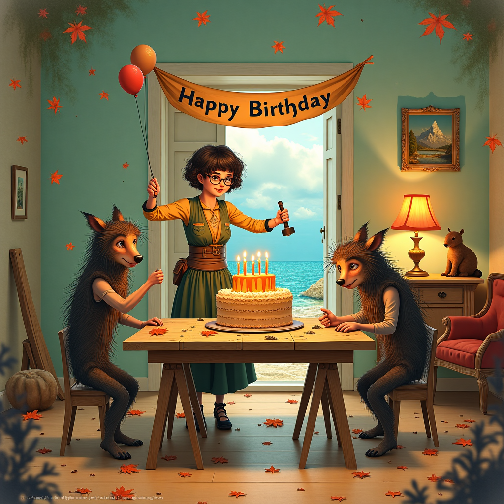 The scene is a whimsical, intricate tableau that blends the birthday theme with the suggested eclectic elements. Picture a vibrant, detailed setting that resembles an expansive, yet intimate dining room where every element seems to dance between reality and fantasy.

**Foreground Elements:**

1. **A Mother in Action**: At the center, a mother character who is part 1920s flapper, part DIY enthusiast, is caught mid-hammer as she nails a 'Happy Birthday' banner above a doorframe. She wears a chic, vintage outfit with a tool belt slung around her waist. Her hair is styled in a short bob, and she sports round, oversized spectacles.

2. **Feral Children**: Surrounding her are several feral children, playful and wild, who are depicted as half-human, half-canine creatures. They have shaggy, unkempt hair and wear mismatched clothes that appear as if stitched together from leaves and twigs. One of them clutches a balloon shaped like a moose, hinting at the Canadian theme.

3. **Birthday Cake**: A grand, slightly lopsided cake sits on a table made from a slab of wood balanced on two sawhorses. The cake is festooned with candles shaped like tiny Cyprus trees, complete with miniature pinecones and tufts of snow at their tips.

**Background Elements:**

4. **Home Renovation Details**: The backdrop includes partially painted walls, where one side remains in rough plaster, and the other sports a striking mural of a serene Cypriot coastline, reminiscent of Beatrix Potter’s detailed landscapes.

5. **Canadian Touches**: Maple leaves, artfully strewn, are scattered across the floor and around the scene. There's a stuffed beaver sitting on a bookshelf in the background, and a small painting of the Canadian Rockies hangs crookedly on the wall.

6. **Furniture and Decor**: The furniture is an eclectic mix of styles, with an ornate, slightly Victorian chair (a nod to Arthur Rackham) juxtaposed with a minimalist, modern lamp casting a soft glow.

**Color Palette and Texture:**

- The color palette is rich and varied: earthy browns and forest greens intermingle with flashes of vivid red and maple gold, evoking an autumnal Canadian landscape.
- Textures vary from the smooth gloss of the cake's icing to the rough grain of the wooden table, creating a tactile richness in the illustration.
- Use stippling and cross-hatching in an Aubrey Beardsley-esque manner to add depth and detail, especially on the children’s clothes and the mural.

This card cover should burst with detail and energy, capturing the surreal intersection of these varied themes with a charming, quirky flair.
Generated with these themes: Canada, Cyprus, home renovation, mum, feral children.
Made with ❤️ by AI.