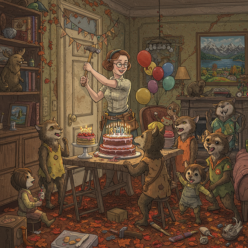The scene is a whimsical, intricate tableau that blends the birthday theme with the suggested eclectic elements. Picture a vibrant, detailed setting that resembles an expansive, yet intimate dining room where every element seems to dance between reality and fantasy.

**Foreground Elements:**

1. **A Mother in Action**: At the center, a mother character who is part 1920s flapper, part DIY enthusiast, is caught mid-hammer as she nails a 'Happy Birthday' banner above a doorframe. She wears a chic, vintage outfit with a tool belt slung around her waist. Her hair is styled in a short bob, and she sports round, oversized spectacles.

2. **Feral Children**: Surrounding her are several feral children, playful and wild, who are depicted as half-human, half-canine creatures. They have shaggy, unkempt hair and wear mismatched clothes that appear as if stitched together from leaves and twigs. One of them clutches a balloon shaped like a moose, hinting at the Canadian theme.

3. **Birthday Cake**: A grand, slightly lopsided cake sits on a table made from a slab of wood balanced on two sawhorses. The cake is festooned with candles shaped like tiny Cyprus trees, complete with miniature pinecones and tufts of snow at their tips.

**Background Elements:**

4. **Home Renovation Details**: The backdrop includes partially painted walls, where one side remains in rough plaster, and the other sports a striking mural of a serene Cypriot coastline, reminiscent of Beatrix Potter’s detailed landscapes.

5. **Canadian Touches**: Maple leaves, artfully strewn, are scattered across the floor and around the scene. There's a stuffed beaver sitting on a bookshelf in the background, and a small painting of the Canadian Rockies hangs crookedly on the wall.

6. **Furniture and Decor**: The furniture is an eclectic mix of styles, with an ornate, slightly Victorian chair (a nod to Arthur Rackham) juxtaposed with a minimalist, modern lamp casting a soft glow.

**Color Palette and Texture:**

- The color palette is rich and varied: earthy browns and forest greens intermingle with flashes of vivid red and maple gold, evoking an autumnal Canadian landscape.
- Textures vary from the smooth gloss of the cake's icing to the rough grain of the wooden table, creating a tactile richness in the illustration.
- Use stippling and cross-hatching in an Aubrey Beardsley-esque manner to add depth and detail, especially on the children’s clothes and the mural.

This card cover should burst with detail and energy, capturing the surreal intersection of these varied themes with a charming, quirky flair.
Generated with these themes: Canada, Cyprus, home renovation, mum, feral children.
Made with ❤️ by AI.