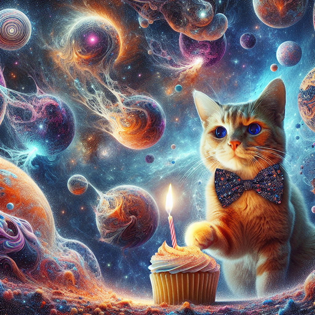 Envision a cosmic, ethereal ginger cat, donned in a playful bow tie, adrift within the enormity of outer space. Surround the feline character with a cascade of abstract birthday symbols, imagined as a swirling flurry of balloons, conceptualized from space materials like interstellar gas and dust. These balloons should be imbued with a shifting, kaleidoscopic array of otherworldly hues. The cat, intrigued and curious, reaches out a paw towards a weightless, frost-laden cupcake suspended in this galactic setting. The solitary candle atop the pastry lights with a nimble flame, radiating a luminosity reminiscent of a far-off twinkling star.
Generated with these themes: Ginger cat in space.
Made with ❤️ by AI.