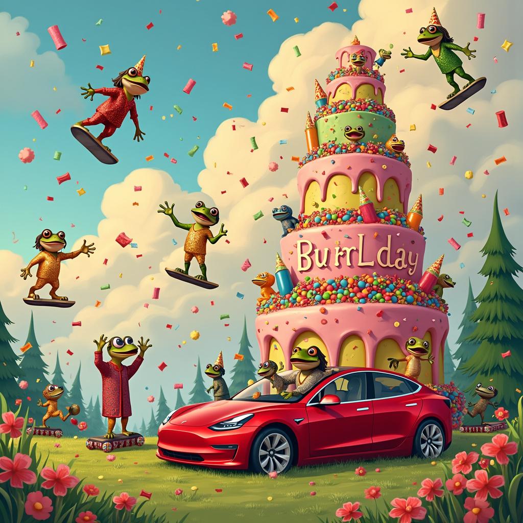 In this surreal cartoon birthday-themed scene, a kaleidoscopic dreamscape unfolds to celebrate Brother John's special day. Imagine a lush, fantastical meadow bathed in soft, multi-hued light, reminiscent of Winsor McCay's whimsical settings. In the center of the scene, an ornate birthday cake towers above everything else, each layer festooned with vibrant Haribo sweets—gummy bears, cola bottles, and jelly rings. The words "Happy Birthday Brother John" are elegantly piped in rainbow frosting across the cake's top layer.

To the left of the cake, a procession of roadmen dressed in their quintessential tracksuits and bucket hats are joyfully dancing. They're tossing confetti made of Teslas in miniature form, each car gleaming as they arc through the air, leaving trails of sparkling stardust. Above them, a pair of anthropomorphic frogs—one in a dazzling sequined outfit and the other in a vestment-like robe—ride hoverboards, an apparent nod to both their amphibian nature and Jesus’ dual roles of spirituality and modernity. The frog in the robe has a serene expression and a golden halo, reminiscent of traditional depictions of Jesus, while the other frog strikes a sassy pose, embodying a joyful embrace of being gay.

To the right of the cake, a sleek, crimson Tesla is parked, but it's been whimsically transformed into a modern chariot with Haribo wheels. Inside the Tesla, an exuberant group of cartoon characters inspired by Peanuts and Calvin and Hobbes are engaged in a birthday party frenzy. Some are hanging out of the windows, tossing candy, while others are popping out from the sunroof with party hats and noisemakers.

Above all this, the sky is a swirling mosaic of pastel colors and celestial shapes, inspired by the dreamlike backdrops of Hergé and McCay. Nestled among fluffy, marshmallow-like clouds, an ethereal, cartoonish Jesus is seen high-fiving a fabulously dressed roadman while standing on a rainbow that arches across the scene. Scattered throughout the sky are floating banners that read “Happy Birthday Brother John,” each one held aloft by tiny, jubilant frogs.

The entire scene is infused with a sense of playful chaos, with each element meticulously detailed to create a visually rich, fantastical world celebrating Brother John's birthday in a manner that’s equal parts magical, surreal, and exuberantly unconventional.
Generated with these themes: Frogs, Jesus, Being gay, Roadmen, Teslas, and Haribo sweets .
Made with ❤️ by AI.