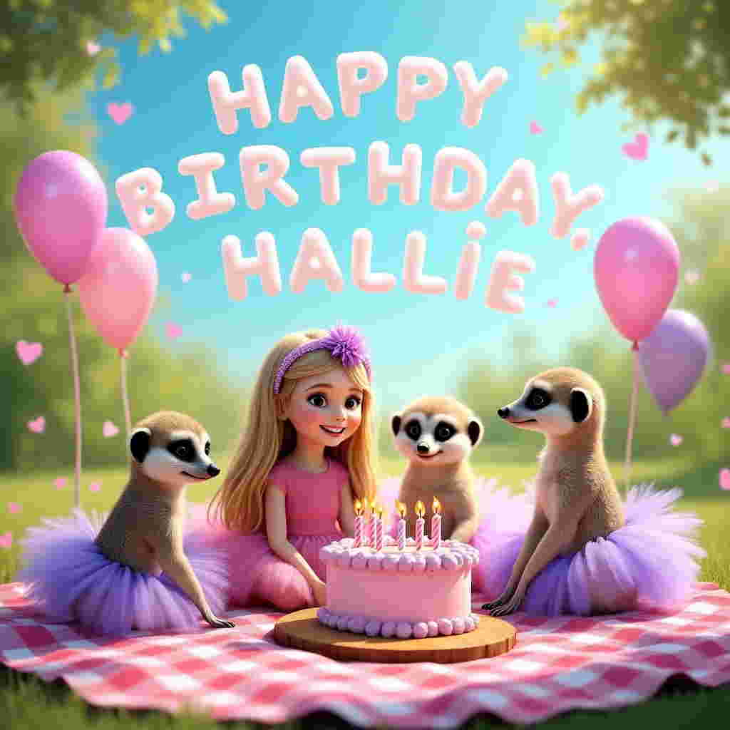 In a sun-dappled meadow, a whimsical birthday scene unfolds. At the heart of this delightful tableau is a vibrant picnic spread atop a plush pink and purple gingham blanket. The air is alive with joy as a group of meerkats, dressed in tiny, festive tutus in shades of pastel pink and lavender, gather around a charming little girl named Hallie. Hallie, a five-year-old with long, flowing blond hair adorned with a sparkly purple headband, is sitting cross-legged, gleefully surrounded by an assortment of delicious birthday treats. A towering pink and purple birthday cake, topped with five candles, is the centerpiece, proudly displaying Hallie's name in elegant icing swirls. Above, in the cerulean sky, fluffy white clouds form the letters "H-A-P-P-Y B-I-R-T-H-D-A-Y, H-A-L-L-I-E," subtly reminding everyone of the special occasion. Balloons in every shade of pink and purple float gently, tethered to the ground by delicate ribbons, completing this enchanting birthday scene.
Generated with these themes: 5 year old girl, Long blond hair, Meerkats, Picnic, Very Girly, Pink and purple, and .
Made with ❤️ by AI.