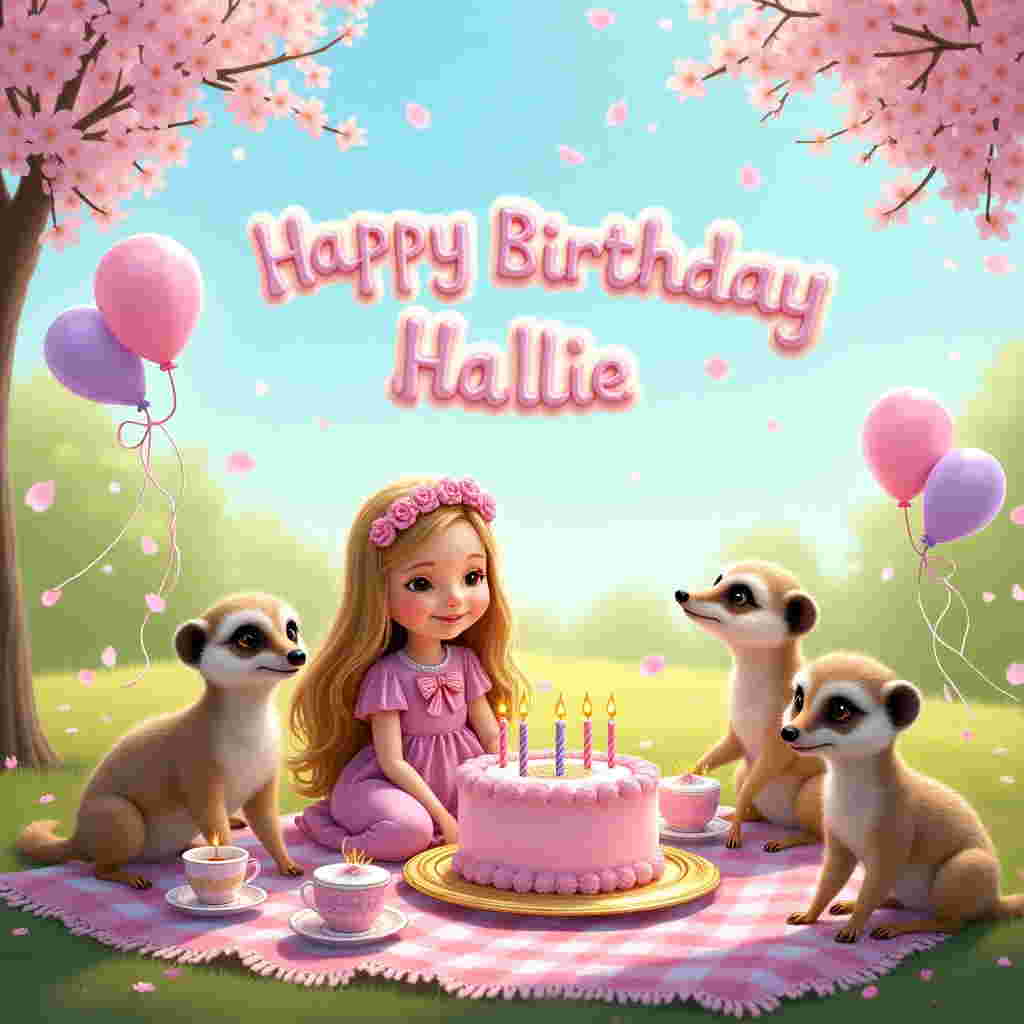 In the enchanting scene for Hallie's 5th birthday card, a whimsical picnic unfolds in a lush, sunlit meadow. The centerpiece is a pink-and-purple checkered picnic blanket strewn with dainty teacups, a plate of pastel cupcakes with little edible glitter, and an ornate, pastel pink birthday cake crowned with five sparkling candles. Nestled around the blanket are three curious meerkats, wearing tiny, sparkly bowties—one pink, one purple, and one with a pattern of both colors, each cheekily inspecting the party treats. Seated amidst this delightful company is a lifelike illustration of a joyful 5-year-old girl with long, flowing blond hair adorned with a floral headband, beaming with delight. Above them, floating lazily in the clear blue sky, is a series of fluffy, cotton-candy-like clouds, whimsically shaped to spell out "Happy Birthday Hallie" in elegant, swirling letters. In the background, a line of delicate pink and purple helium balloons dance in the gentle breeze, tied to the low-hanging branches of nearby blooming cherry trees, their petals scattered across the meadow like confetti. The entire scene is framed by a soft halo of twinkling fairy lights, adding a touch of magic to this dreamy birthday adventure.
Generated with these themes: 5 year old girl, Long blond hair, Meerkats, Picnic, Very Girly, Pink and purple, and .
Made with ❤️ by AI.