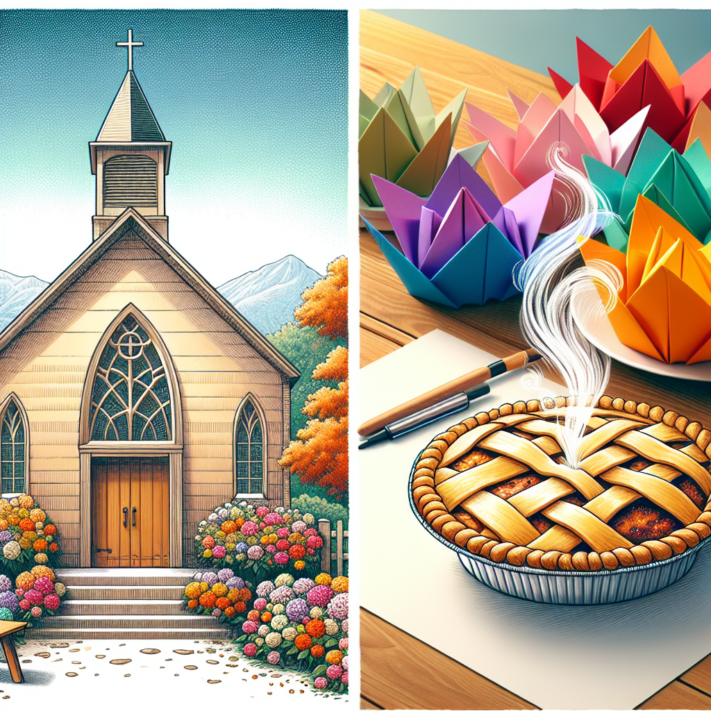 Visualize a tranquil scene featuring a picturesque church with its door invitingly open, giving off a sense of community and devotion. At the forefront, draw a simple wooden table adorned with a freshly baked pie that's emitting tendrils of steam, symbolizing homeliness and the comforting, nurturing aspect of motherhood. On the same table, there's a neat pile of vividly colourful paper money meticulously folded into origami flowers, symbolizing the harmony between finance and creativity, while also signifying the nurturing of families and future aspirations.
Generated with these themes: Church, Baking, and Money.
Made with ❤️ by AI.