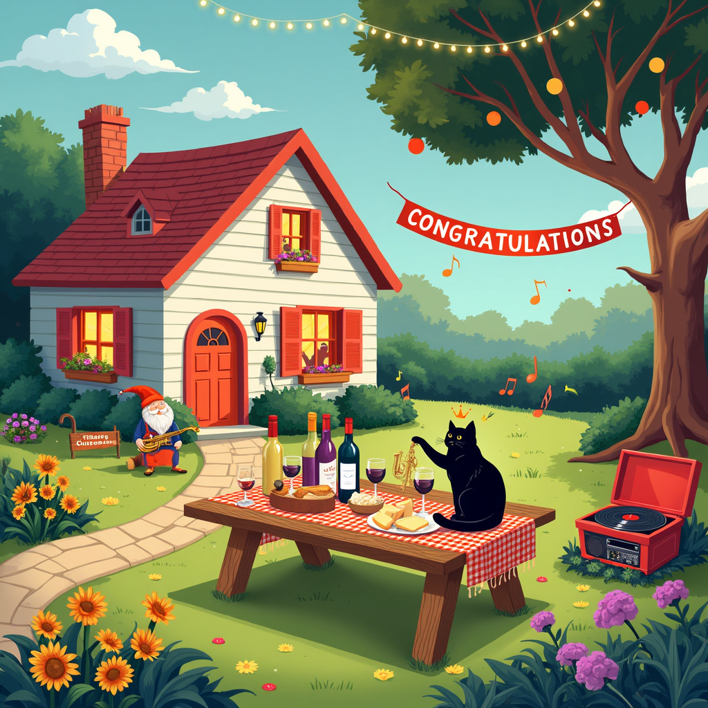 Picture this scene: A whimsical, colorful front yard of a quaint, newly moved-into home is alive with celebration. The house is a charming, two-story cottage with a bright red door and a "Welcome Home" sign hanging lopsidedly, suggesting it was just hastily put up. 

On the left, there is a small garden patch with blooming sunflowers and a decorative gnome holding a tiny saxophone. The gnome seems to be serenading the garden and the new homeowners with its miniature musical instrument. 

Front and center, a wooden picnic table is covered with a checkered tablecloth, and it's loaded with an array of wine bottles, wine glasses, and a cheeseboard. The cheeseboard has a variety of cheeses, grapes, and a loaf of freshly baked bread. One of the wine bottles is humorously labeled "Congrats Wine - Vintage Achievement 2023."

On the table, there is a black cat sitting regally among the wine glasses, as if it's the guest of honor. The cat has a tiny golden crown on its head, and it's playfully batting at a dangling cork from one of the wine bottles. 

To the right, a portable speaker is blasting upbeat music, and musical notes are whimsically illustrated, floating through the air towards the house. Next to the speaker, there is a vintage record player with a stack of vinyl records, each labeled with different genres like "Jazz," "Classical," and "Rock."

Hanging from the tree in the background are fairy lights, and an open window on the house reveals more celebration inside, with silhouettes of people dancing and toasting.

In the sky, a banner hangs between two trees, boldly stating "CONGRATULATIONS!" with each letter in a different bright color. The overall scene is brimming with details, making it clear that this is no ordinary congratulations – it's a celebration of epic proportions for an outstanding achievement!
Generated with these themes: New home, Black cat, Wine, and Music.
Made with ❤️ by AI.