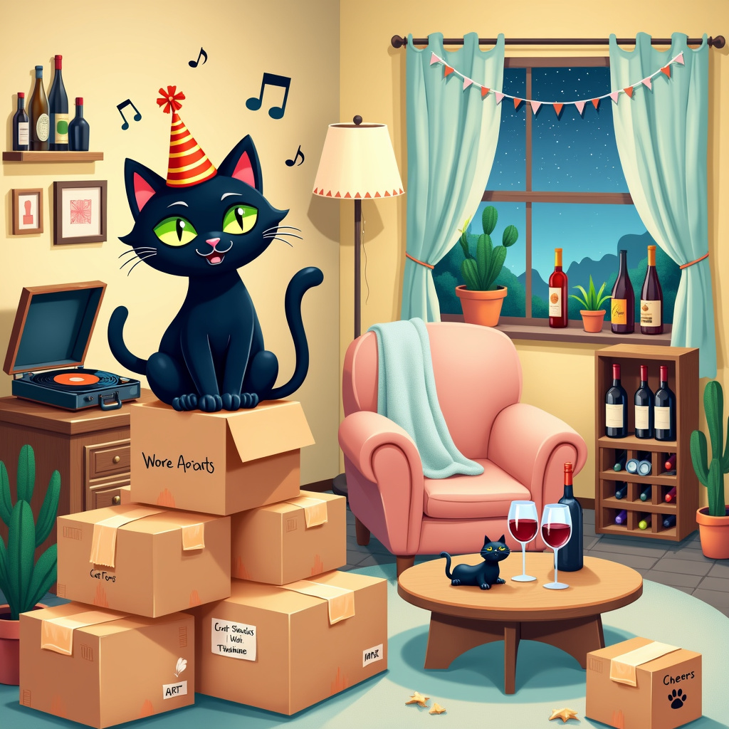 In the foreground, a jubilant black cat wearing a tiny, colorful party hat sits atop a mountain of moving boxes, each labeled with playful, handwritten notes like "Knick-Knacks," "Cat Toys," and "Wine Glasses." The cat's bright green eyes gleam mischievously, and it clutches a mini corkscrew in its paw. Behind the cat, a cozy living room scene unfolds. 

To the left, an old-school record player is spinning a vibrant vinyl, and musical notes whimsically dance through the air, trailing off the edge of the card. The walls of the new home are painted a warm, inviting color, with quirky, framed artwork and a couple of shelves showcasing bottles of fine wine. A floor lamp with a whimsical, mismatched lampshade casts a soft light over the scene.

In the middle ground, an elegant wooden wine rack stands proudly, displaying an assortment of bottles. Next to it, a comfy, overstuffed armchair has a soft blanket draped over it, with a sleek black cat toy resting on the seat. 

To the right, a window with flowy, sheer curtains offers a glimpse of a peaceful, starlit night sky. The window sill is adorned with small potted plants, including a tiny cactus with a "Welcome Home" sign stuck in its soil.

Completing the scene, on a round coffee table at the center, a bottle of wine is uncorked, with two glasses filled to the brim. One glass has a tiny paw print on its side, and a humorous "Cheers to the New Home!" banner hangs above, strung between two standing lamps.

This detailed, quirky tableau captures the celebratory chaos of moving into a new home, with every element telling a part of the story, from the playful black cat to the welcoming warmth of wine and music.
Generated with these themes: New home, Black cat, Wine, and Music.
Made with ❤️ by AI.