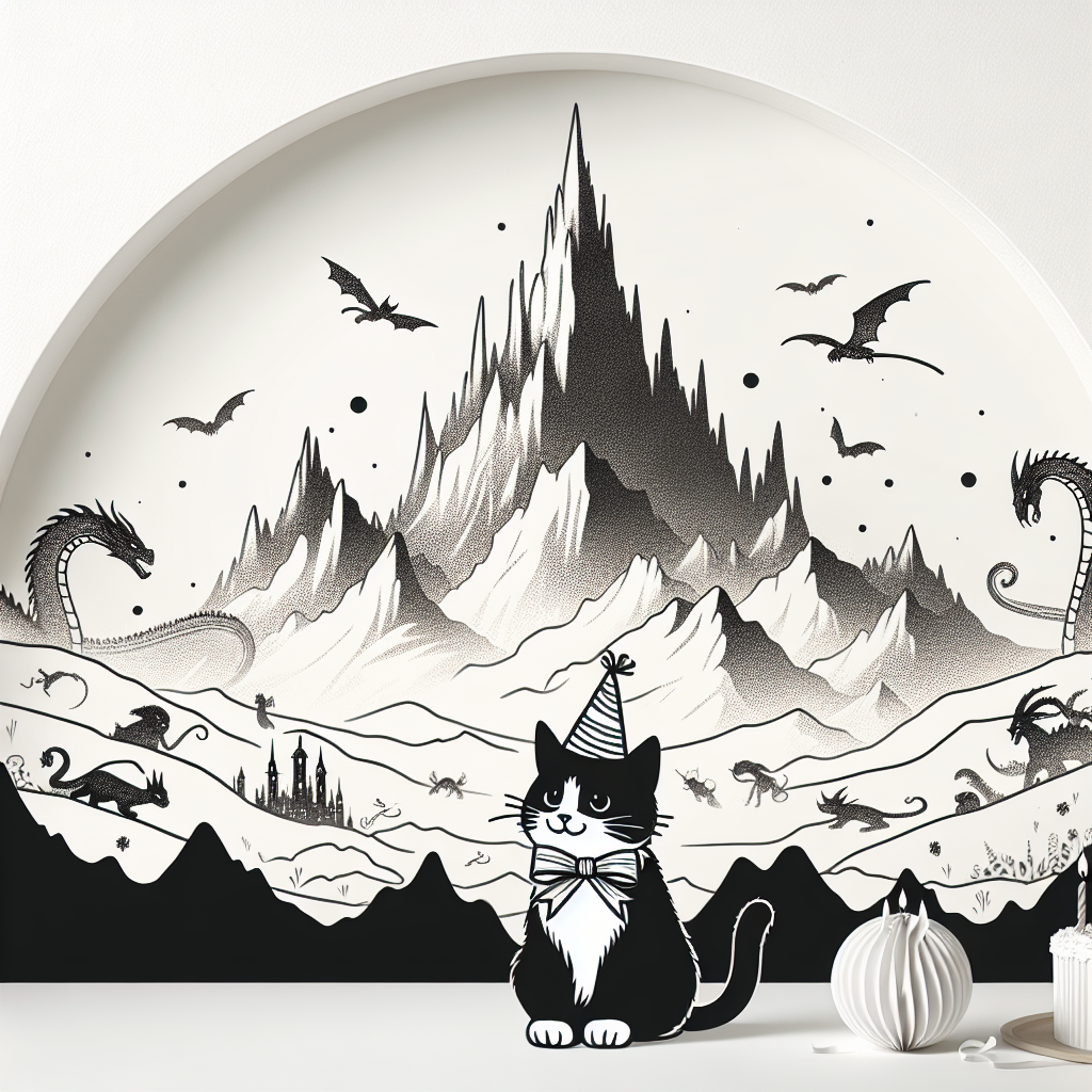 Create a charming birthday image with a black and white cat sitting happily in the center, adorned with a festive birthday ribbon around its neck. The backdrop showcases a minimalist yet identifiable silhouette of a fantasy world, with majestic mountains and traces of elven-like architecture. Mysterious creatures peak from behind the terrain, as fantastical spheres replace conventional birthday balloons. The entire scene is illustrated in a gentle, storybook-like black and white style.
Generated with these themes: Lord of the rings, balck and white cat, pokemon, .
Made with ❤️ by AI.
