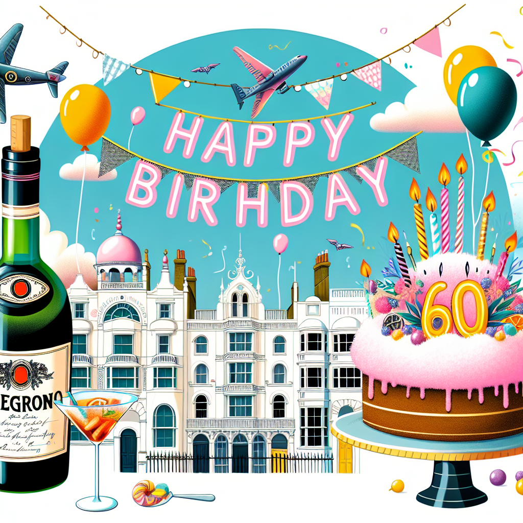 Illustrate a birthday scene set in Brighton symbolizing a 60th birthday celebration with a whimsical aesthetic. The center of the image should feature a prominent bright negroni representing the honoree's favorite drink. Surrounding this, depict a party-filled background with playful elements such as brightly colored balloons, a fluffy cake with lit-up candles, and a sky-written message saying 'Happy 60th'. These details are meant to enhance the festive atmosphere of the day.
Generated with these themes: 60, Negroni, and Brighton.
Made with ❤️ by AI.