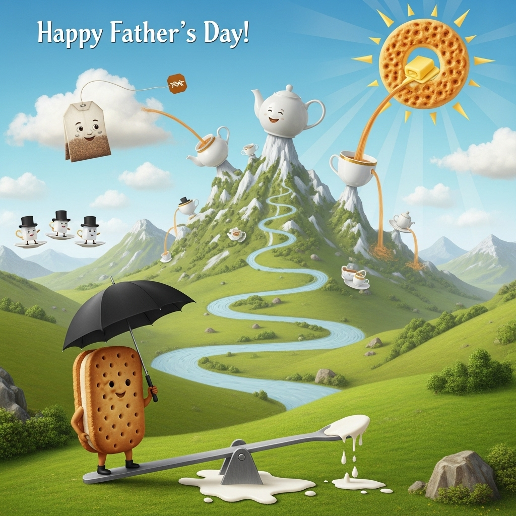 At the top of the Surreal Style image, include the text: "Happy Father's Day!"

**Image Prompt:** Imagine a whimsical Yorkshire tea land where teapots and teacups form a mountainous terrain, their spouts pouring streams of aromatic tea that wind like rivers through a verdant landscape. In the foreground, a giant biscuit with arms and legs holds an umbrella to shield itself from a light drizzle of milk, while balancing on a spoon-shaped seesaw. In the sky, a sun made of a crumpet smiles down warmly, casting buttery rays. A cheeky teabag dangles from a cloud, its string caught on a gust of wind, while tiny, top-hatted sugar cubes ride saucers like hoverboards in the background. The scene exudes a playful surrealism, perfect for a Father's Day card with a humorous twist.
Generated with these themes: Yorkshire tea land, and .
Made with ❤️ by AI.