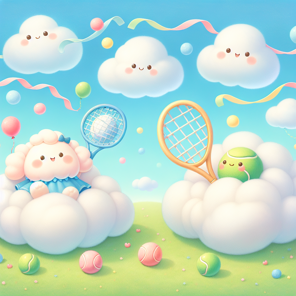 Illustrate a tennis-themed birthday party taking place in a charming grassy field under a radiant azure sky. The clouds drifting above are fluffy, with some interestingly shaped like tennis balls. In the central part of the scene, a delightful depiction of a tennis racket and a ball with adorable smiling faces is placed atop a cloud. The racket and ball are surrounded by multicolored streamers and balloons. The scene is dominated by a soft pastel color palette, conjuring an impression of a soft, dreamy celebration taking place in the clouds.
Generated with these themes: Tennis, and Clouds.
Made with ❤️ by AI.