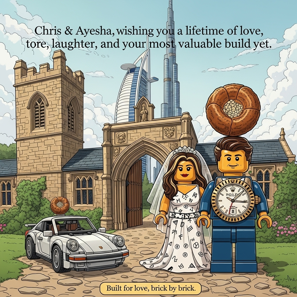 Lego style, lego groom and bride, thicket priory in yorkshire, porsche, fashion brands, rolex, burj khalifa, yorkshire pudding, and Wedding Card
