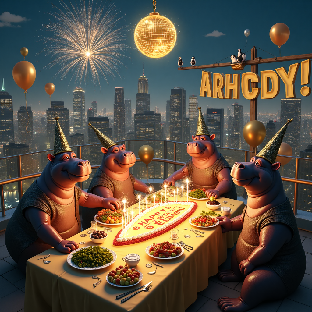 On the bustling rooftop of a city skyscraper, a party like no other is in full swing. Picture a band of jovial hippos dressed in their finest: some in sequined vests, others sporting festive party hats with glittering streamers. The skyline behind them twinkles with the city lights as fireworks begin to burst in the starlit sky. The main attraction is a long banquet table draped in a shimmering gold cloth, laden with an eclectic mix of food—from towering stacks of leafy greens to oversized fruit platters, and an array of delicious desserts. A gigantic cake, shaped like a clock about to strike midnight, stands proudly at the center of the table. Surrounding this clock cake, tiny sparklers spell out "Happy New Year, Archardy" in radiant letters, the sparklers crackling and twinkling with every tiny spark. 

Nearby, a trio of hippos attempts to pop open a massive bottle of champagne, their expressions a mix of concentration and amusement, while others sway gently to the rhythm of a jazz band composed entirely of penguins in tuxedos. Above, a gigantic illuminated disco ball hangs from a crane, casting shimmering lights over the scene. Balloons in hues of gold, silver, and blue float around, some tied to the railing, others lazily drifting upwards. In the background, a gigantic banner stretches across the rooftop edge, reading "New Beginnings with Archardy!" in bold, colorful letters. This scene of whimsy and celebration perfectly captures the joy of welcoming a new year, with Archardy's name creatively woven into the festive panorama.
Generated with these themes: Hippo's celebrating new year at rooftop.
Made with ❤️ by AI.