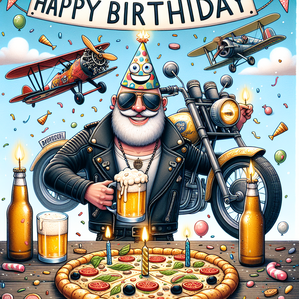 A playful illustration of a birthday card featuring a mischievous biker character as the main focus. The character is dressed in a leather jacket and a birthday hat and is surrounded by illustrated vintage motorcycles and aeroplanes having a race in the sky. This scene is located at an outdoor birthday party where animated beer bottles play the role of balloons, floating in the sky amongst the clouds. A lively pizza, designed with toppings to shape a smile, seems to join the party with the guests. Added fun elements include candy pieces scattered throughout the scene like confetti, contributing a sweet inclusion to the birthday theme.
Generated with these themes: Hells angel, Motor bike , Planes, Beer, Pizza, and Reeces pieces.
Made with ❤️ by AI.