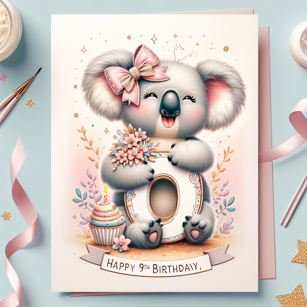 Create a delightful cartoon-style representation of a joyful koala. The koala is illustrated festively with a glittery bow and it's perched atop an imaginatively adorned number '9'. The happy koala is seen firmly clutching a birthday cupcake in one of its paws. The scene is set against a tender pastel background that's subtly adorned with relevant birthday motifs and sparkling stars. Alongside, a ribbon unfurls with the inscription 'Happy 9th Birthday, Goddaughter' displayed in playful, child-like font. The overall setting emanates an enchanting and warm atmosphere, perfectly encapsulating the joy of a young girl's special birthday.
Generated with these themes: 9th birthday, Goddaughter, and Koalas.
Made with ❤️ by AI.