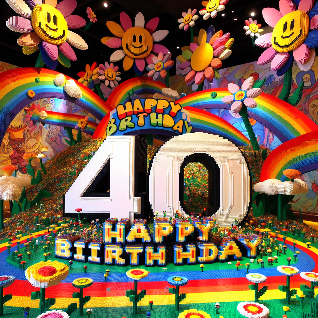 Imagine a scene situated in a playfully animated Lego wonderland, thrown elaborately for a 40th birthday party. The scenery is dominated by an oversized '40' meticulously assembled from classic Lego bricks, adding a vivid touch to the celebration. A surge of fanciful Lego flowers boasting rainbow-colored petals form a colorful backdrop. Hovering above this vibrant landscape is a dynamic 'Happy Birthday' banner where each cartoonish letter playfully bounces, as if dancing in rhythm with the party's laughter and music.
Generated with these themes: 40, Lego Flowers, and Happy Birthday Helen.
Made with ❤️ by AI.