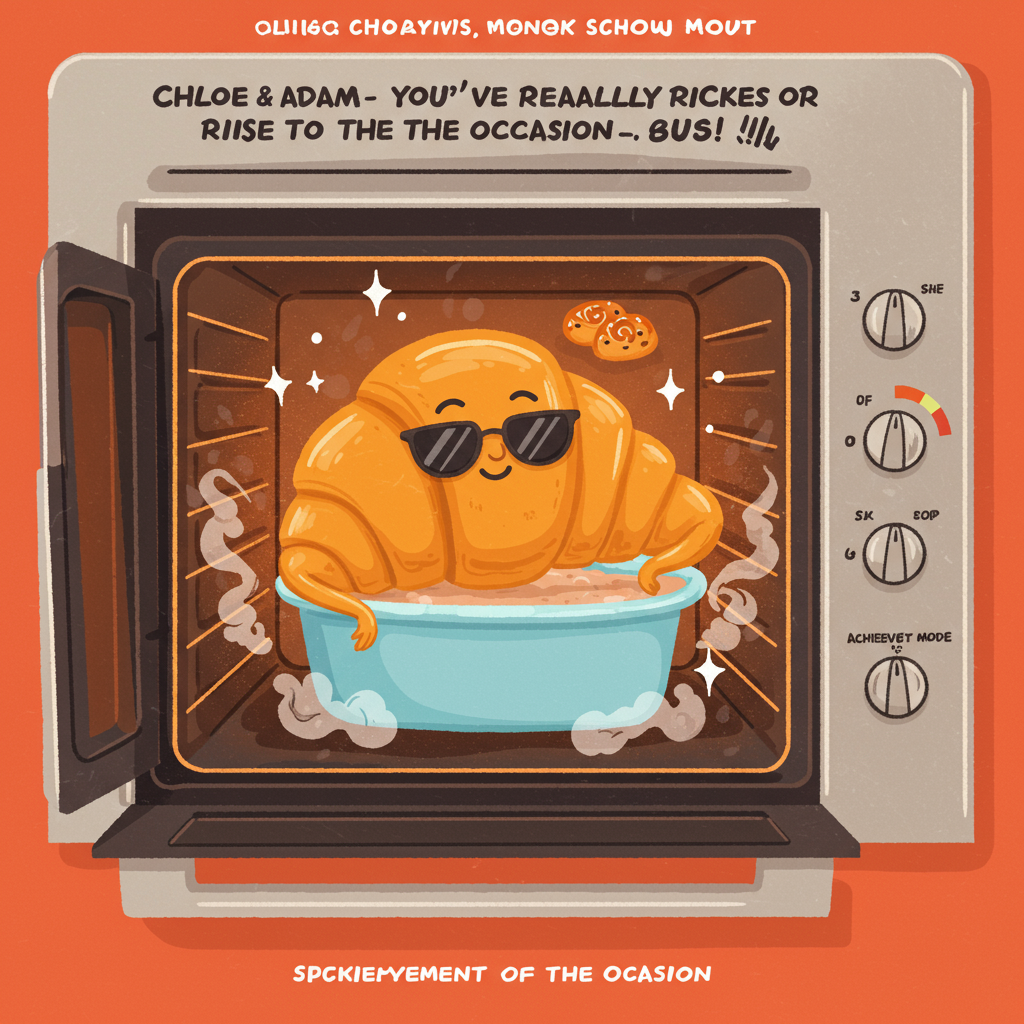 At the top of the vector image, “Chloe & Adam — You’ve Really Risen to the Occasion!”

Prompt:
Create a vibrant, vector-style image of a golden, perfectly puffed croissant with arms, sunglasses, and a confident smirk lounging inside an oven like it’s a hot tub. Steam rises around it in fancy swirls, and there are mini pastries clapping from a baking tray in the background like an enthusiastic audience. One of the oven dials is turned up to “Achievement Mode.” Add some cheeky little stars and sparkles to exaggerate the dramatic rise. The whole scene should be warm, whimsical, and full of personality, capturing a hilarious, “you nailed it” moment with punny pastry flair.
Generated with these themes: A croissant in an oven .
Made with ❤️ by AI.