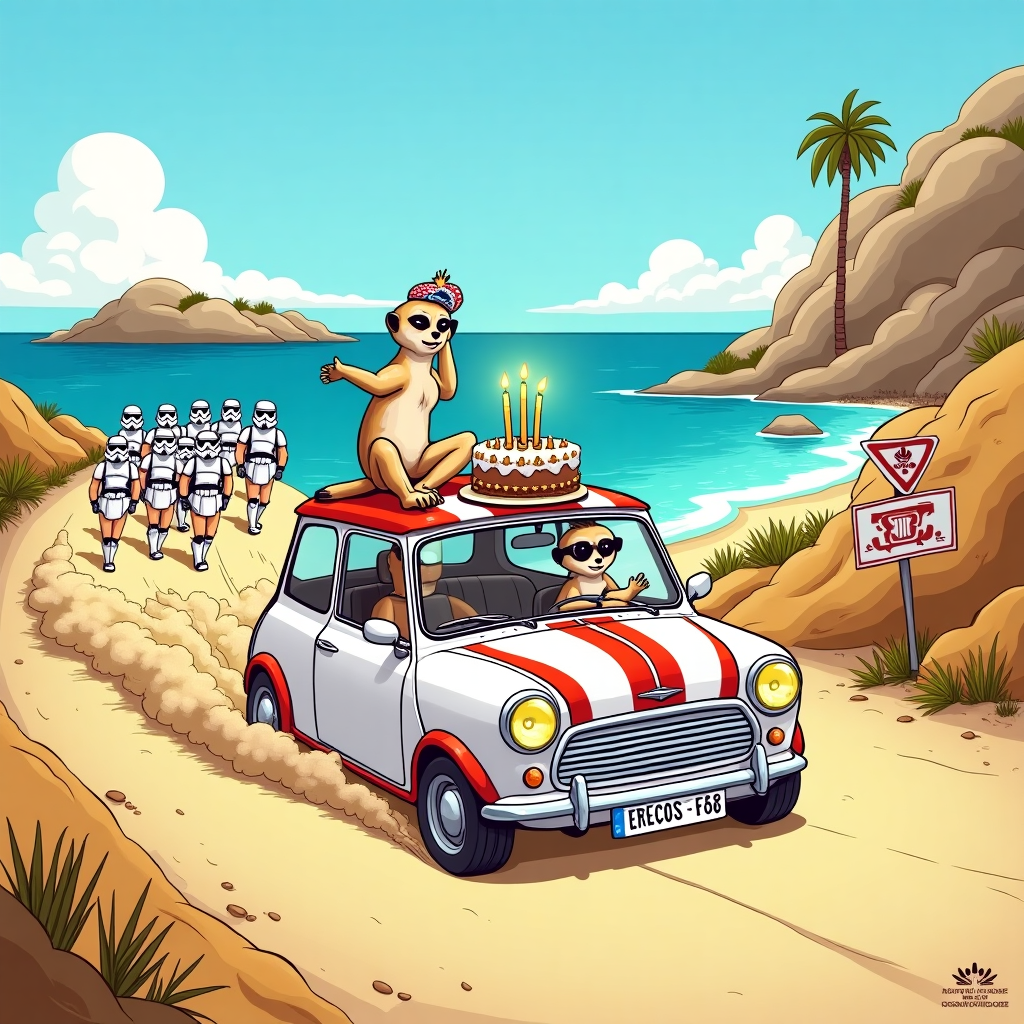 **Prompt for the Image:**

At the top of the cartoon image: *"Happy 53rd Birthday, Rich – May the Meerkat Be With You!"*

**Image Description Prompt (for cartoon illustration):**

Create a vibrant, funny cartoon scene set on a sun-drenched Greek island. In the center, a white-and-red vintage Austin Cooper Mini is screeching around a bend, kicking up a cloud of tzatziki-flavoured dust. Behind the wheel: a cool, shades-wearing meerkat in bright blue Gazelle trainers, blasting disco-spiritual tunes and looking mildly enlightened.

Riding shotgun is a grumpy Stormtrooper trying to hold onto his helmet, looking utterly confused by his spiritual awakening. Another Stormtrooper meditates cross-legged on the roof of the car, eyes closed, holding a birthday cake glowing with 53 candles — each candle shaped like a tiny Spartan warrior.

Chasing the Mini is a small army of even more meerkats wearing Greek togas, doing slow-mo parkour and tossing olives like ninja stars.

The Aegean Sea sparkles in the background while Zeus himself photobombs the scene from the clouds above, flashing a peace sign and wearing his own custom pair of Adidas Gazelles. A tiny roadside sign reads: “Next temple – 53 km. Watch out for birthday shenanigans.”
Generated with these themes: Cars, Stormtroopers, Meerkats, 53, Spiritual, Greece, Gazelle trainers, and Austin cooper mini.
Made with ❤️ by AI.