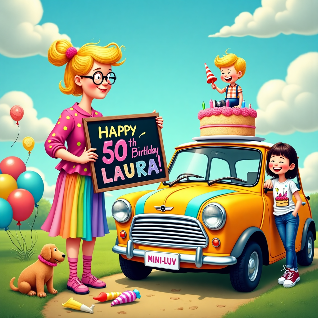 The scene is a whimsical, lively landscape, bursting with vibrant colors reminiscent of a child's imaginative dreamscape, yet detailed enough to capture the spirit of each character. In the center of the scene stands Laura, the jubilant older sister and primary teacher, dressed in a kaleidoscope of bright clothes—a vivid magenta blouse with neon green polka dots paired with a rainbow-striped skirt. Her blonde hair is fashioned into a playful bun, and she is wearing oversized, comically large spectacles that echo Walt Disney’s iconic animation style. She holds a large chalkboard with "Happy 50th Birthday, Laura!" inscribed in a cheerful, multicolored script that swoops and curls, influenced by the typography found in Charles Schulz's Peanuts.

To her right, Jamie, 24, leans against a cheerful, cartoonish Mini Cooper parked nearby, which is painted in a dazzling sunflower yellow, with sky blue racing stripes and a license plate that humorously reads "MINI-LUV." Jamie is depicted with a mischievous grin, wearing a graphic t-shirt featuring a cheeky Gary Larson-esque cartoon of a cake running away from a fork. Meanwhile, Charlotte, 17, is perched atop the car, her face brimming with laughter. She sports a playful, Hergé-inspired ensemble—a crisp, checkered jacket paired with high-waisted jeans, accented by a funky pair of sneakers.

In the foreground, Brian, the blonde dog, playfully carries a party hat in his mouth, his fur a blend of golden hues reminiscent of a lovable sidekick from a classic Osamu Tezuka manga. Around him are strewn colorful balloons and wrapped presents, one of which has been unwrapped to reveal a squeaky toy shaped like a bone.

The background features a vibrant sky painted with soft clouds that spell out "Laura," subtly integrating her name into the scenery in an imaginative way reminiscent of Winsor McCay’s dream-like landscapes. A giant birthday cake stands to the side, adorned with candles that look like tiny rockets ready to launch into the comic-strip sky. Scattered around are quirky details: birds wearing miniature party hats, and a tree that mysteriously sports a chalkboard with the phrase "Best Teacher" written in Bill Watterson’s charming style. The scene encapsulates a fantastical birthday celebration, where each element tells a part of Laura’s story.
Generated with these themes: Older sister, Primary teacher, 2 children, Jamie (24) and Charlotte(17), Drives a mini, 50th Birthday, Bright clothes, and Dog called Brian, blonde.
Made with ❤️ by AI.