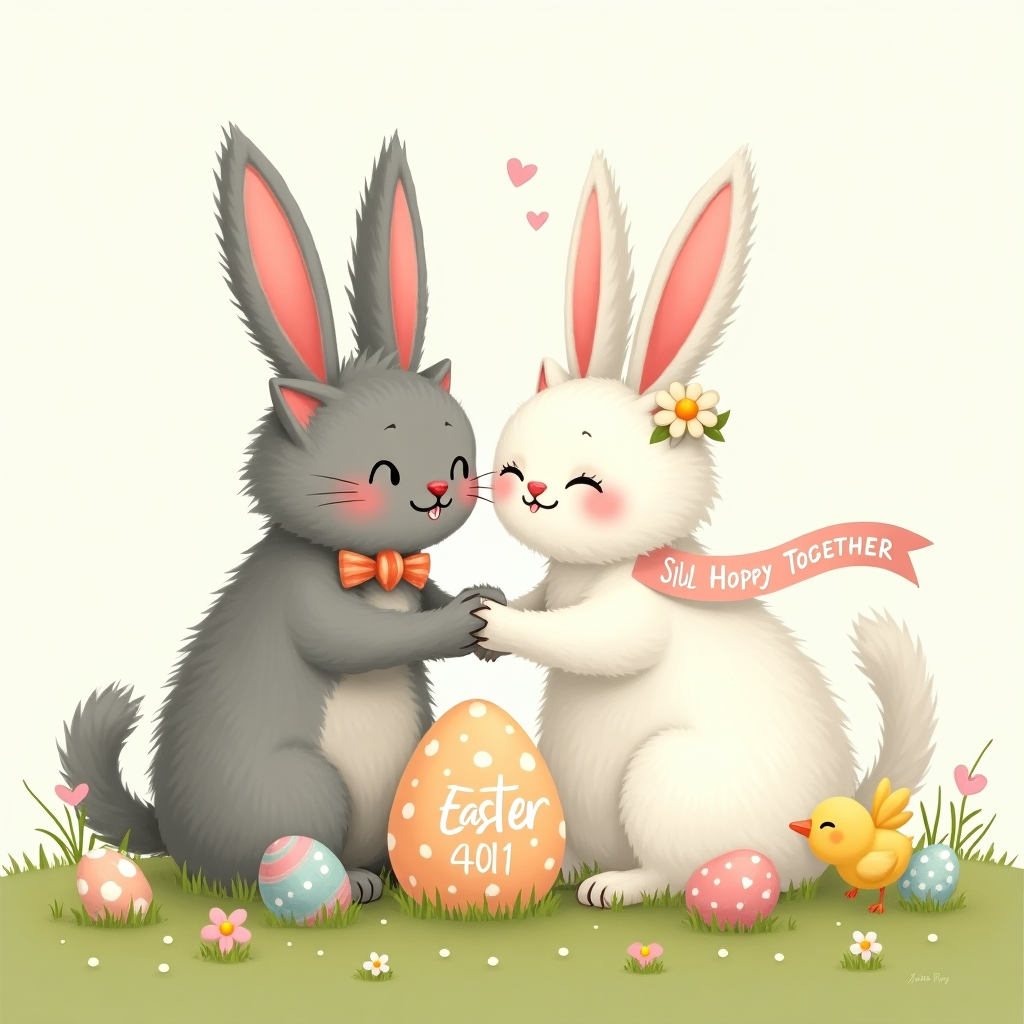 **At the top of the illustration image:** "Some-bunny loves you, Mark – and she’s feline it this Easter!"

**Image Prompt:**  
A charming, funny illustration of two cats sitting on a spring meadow, both wearing oversized pastel bunny ears that are slightly askew. The male cat is gray and slightly scruffy with a tiny bowtie, and the female cat is fluffy white with a daisy behind her ear. They are lovingly staring into each other’s eyes while holding paws. Around them are decorated Easter eggs, jellybeans, and a tiny banner between their tails that reads “Hoppy Together.” A few little chicks are playfully hopping in the background, forming heart shapes as they bounce. The scene radiates silly romantic vibes in a light, whimsical art style with pastel tones. A big egg nearby has the Easter date humorously painted on it, as if by one of the cats.
Generated with these themes: Two cats in love wearing bunny ears for Easter. One cat is male, the other one is female. Show that these cats are really in love and romantic. Easter date. .
Made with ❤️ by AI.