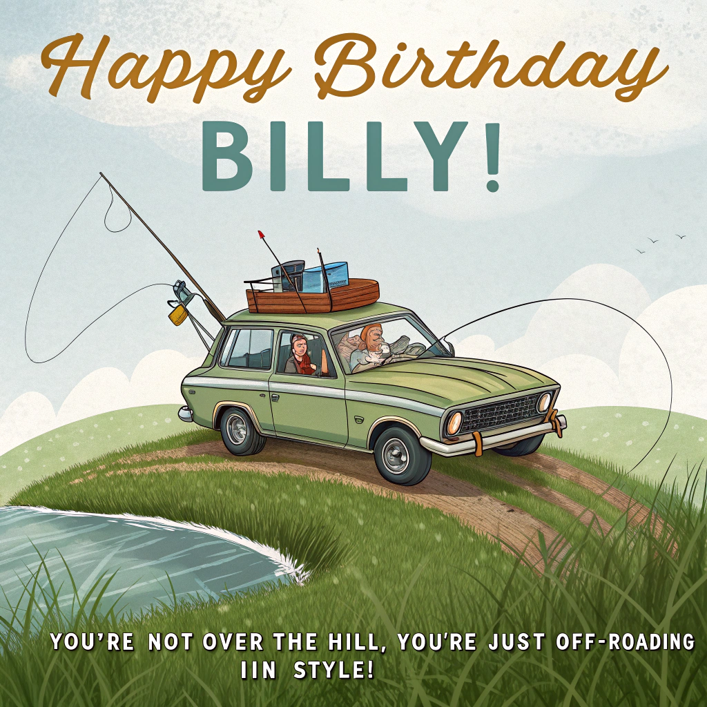 Fishing, Old cars, Mowing, and Birthday Card