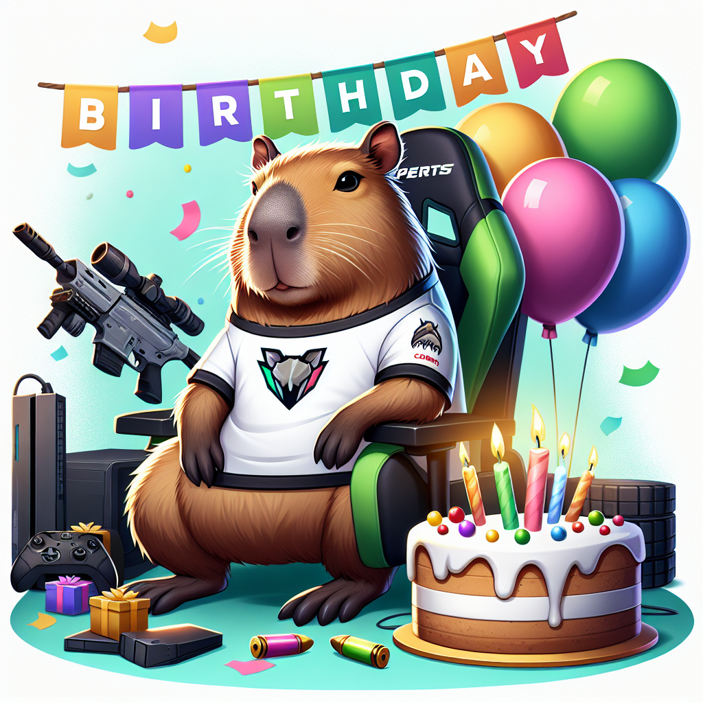 Create a lively picture featuring a capybara at the center, adorned in a birthday banner specifying no particular branding but in the aesthetics of popular gaming symbols. The capybara is comfortably settled on a gaming chair, donning a generic eSports team jersey. Beside it, a birthday cake designed like a generic gaming console is surrounded by multi-colored balloons. Gaming items reminiscent of popular shooter games, like ammunition and health packs, are scattered playfully around the capybara, adding a gaming flavor to the birthday celebration.
Generated with these themes: Capybara , Call of duty: Warzone, Birthday, Xbox, and Team Optic.
Made with ❤️ by AI.