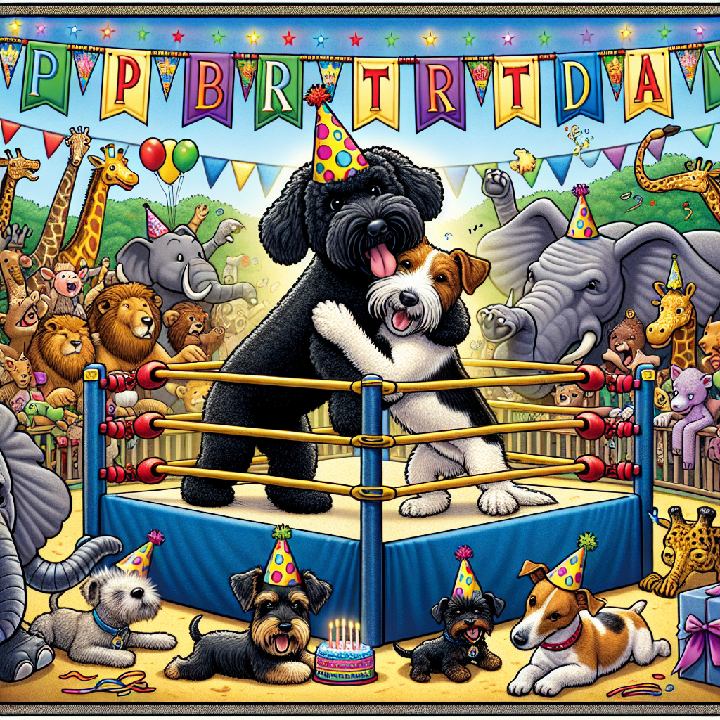 Craft a cartoon-style image illustrating a joyous birthday scene. Depict celebratory banners elegantly draped behind a novelty wrestling ring centerpiece. Inside the ring, show a caricatured black Bernedoodle and a Jack Russell amusingly entwined in an innocent wrestling match. Surround them with a diverse collection of zoo animals such as elephants, lions, and giraffes, all adorned in colorful party hats, cheering on the spectacle with delight. Balance the wild nature of the animals with the charming whimsy of the festive occasion.
Generated with these themes: Black bernadoodle, Jack russell, Zoo animals, and Wrestling.
Made with ❤️ by AI.
