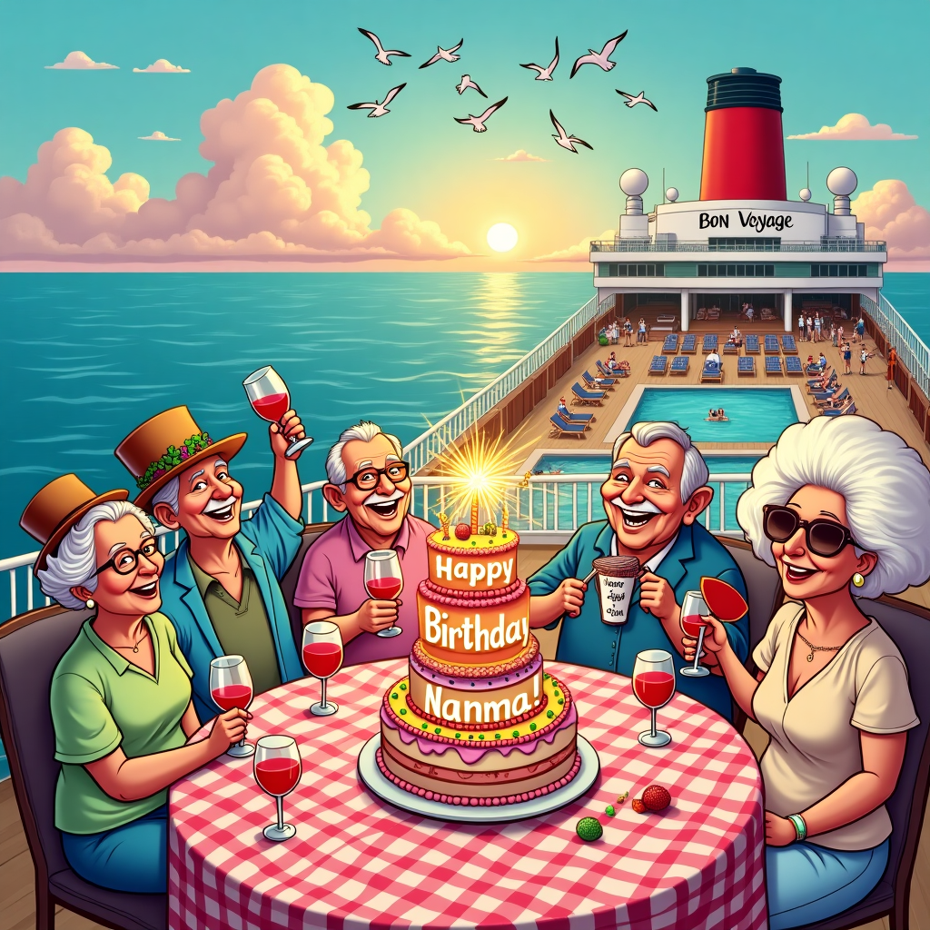 Cruise ship, Wine, and Old people Birthday Card
