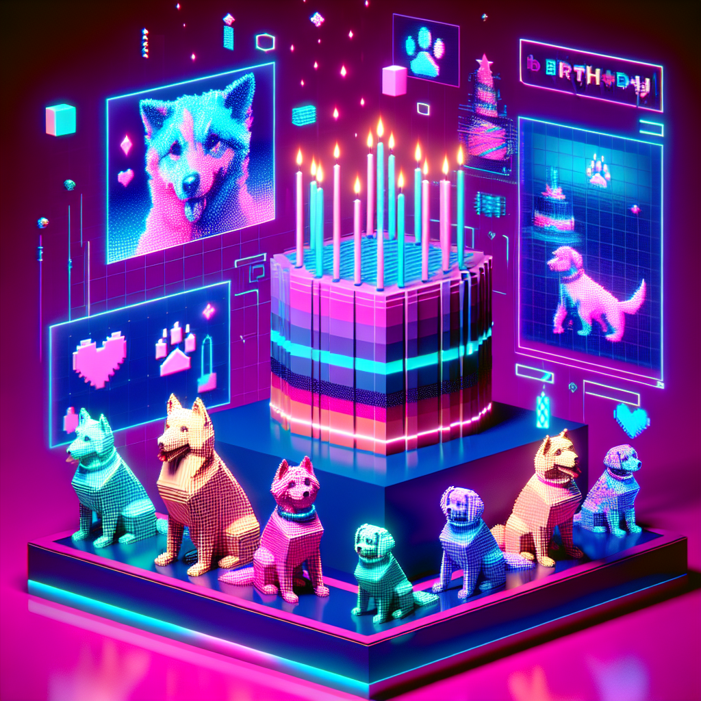 Create a vibrant, abstract birthday scene. The scene should embody the colors of bright neon pink, blue, and green, channelling a cyberpunk aesthetic infused with futuristic elements. The environment should be filled with geometric shapes and holographic patterns. Add to this scene digital paw prints and stylized representations of various dog breeds for an adorable twist. Floating above, there should be a flickering hologram of a birthday cake decorated with pixelated candles. These candles should cast a soft glow on the canine figures below.
Generated with these themes: Cyberpunk , and Dogs.
Made with ❤️ by AI.