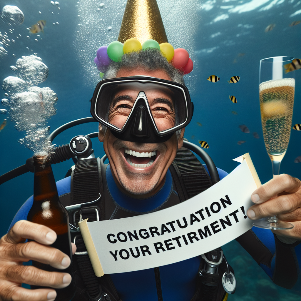 Create an image showcasing a joyful, middle-aged Hispanic male scuba diver. His laughter is represented by bubbles emerging from his snorkel. Adorning his head is a brightly colored party hat, standing out against his streamlined wetsuit. He dutifully holds a fizzy beer in one hand and raises a banner declaring 'Congratulations on your retirement!' in the other. Sharing in the festivity, undersea fauna are also part of the jubilation, especially a grinning fish playfully carrying a champagne flute, embodying the spirit of a fun and lively underwater retirement celebration.
Generated with these themes: Congratulations on your retirement, Middle age scuba diving wearing a party hat, and Beer and alcohol.
Made with ❤️ by AI.