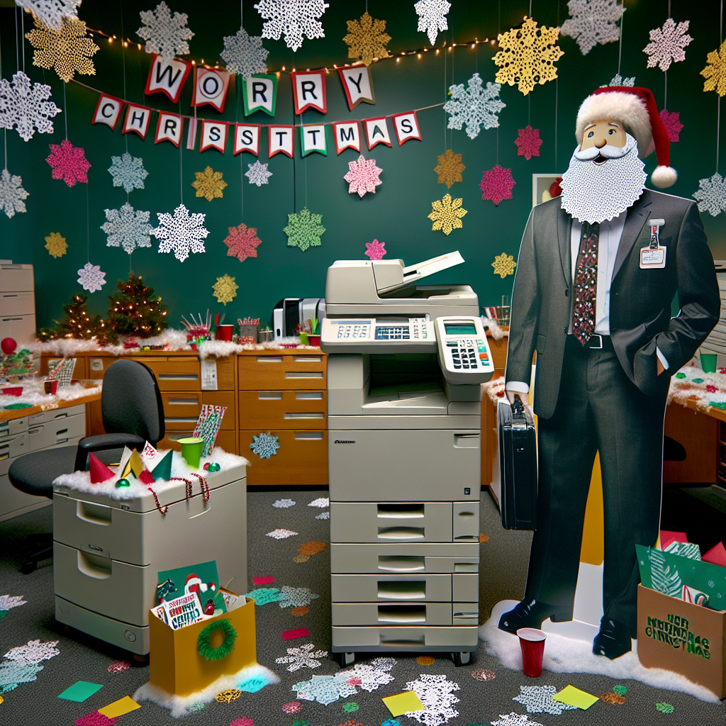 A bustling office party brims with laughter as a life-sized cutout of Santa, donning a business suit and holding a briefcase, stands by the photocopier. Snowflakes made of sticky notes flutter around the room. The banner overhead proudly proclaims 'WORK CHRISTMAS PARTY', and amidst the decorations, a neon sign blinks 'MERRI CHRYSLER,' adding a humorous twist to the festive atmosphere.
Generated with these themes: WORK CHRISTMAS PARTY.
Made with ❤️ by AI.