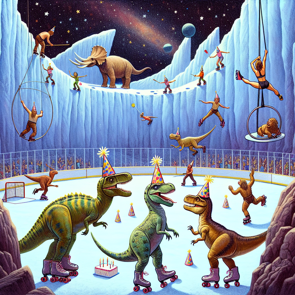 A charming illustration of a birthday celebration. Observe a collection of dinosaurs, each wearing party hats and roller skates, joyfully skating around an interstellar, star-filled rink. Situated in the backdrop, a massive, rugged rock wall extends upwards, populated by petite climbers of various descents and genders, making their way towards a hanging aerial hoop where a Middle-Eastern female acrobat is gracefully performing maneuvers. Surveying the scene is an energetic hockey game taking place on a patch of ice, with hockey pucks and sticks in motion amidst the chaotic prehistoric festivity.
Generated with these themes: ROller skating, Dinosaurs, Space, Rock climbing, Aerial hoop, and Hockey.
Made with ❤️ by AI.