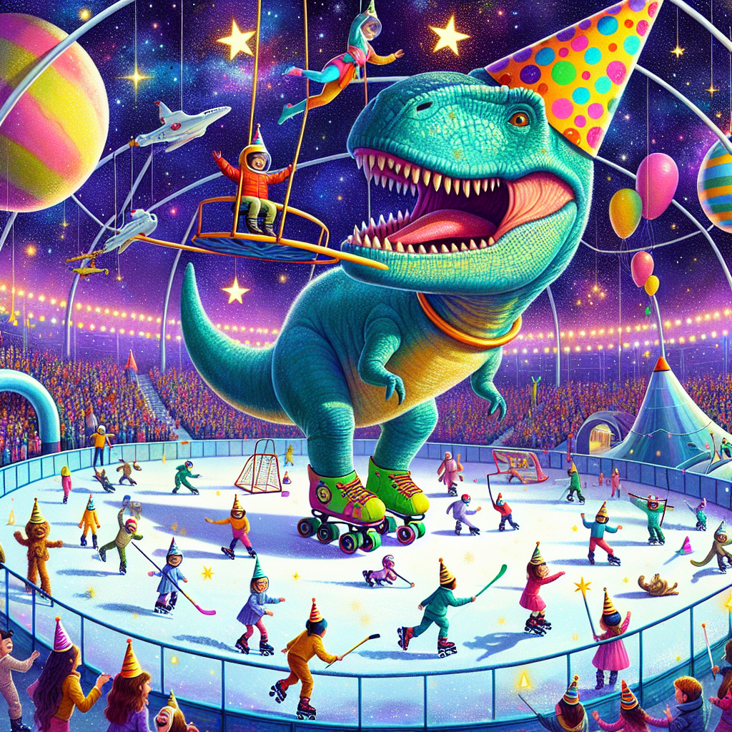 Create a joyful birthday card image showing a vibrant and playful scene. It includes dinosaurs wearing colorful party hats, gliding gracefully on roller skates beneath a twinkling galaxy of stars. The dinosaurs are circling a large, inflatable space station where children of various descents and both genders, dressed in spacesuits, are engaged in a rock-climbing activity. At one side of the roller-rink, there's an aerialist of unspecified gender and descent, dangling elegantly within an aerial hoop. Not far from there, a co-ed hockey match is taking place on a frozen pond, all this happening within a dreamlike interstellar amusement park.
Generated with these themes: ROller skating, Dinosaurs, Space, Rock climbing, Aerial hoop, and Hockey.
Made with ❤️ by AI.