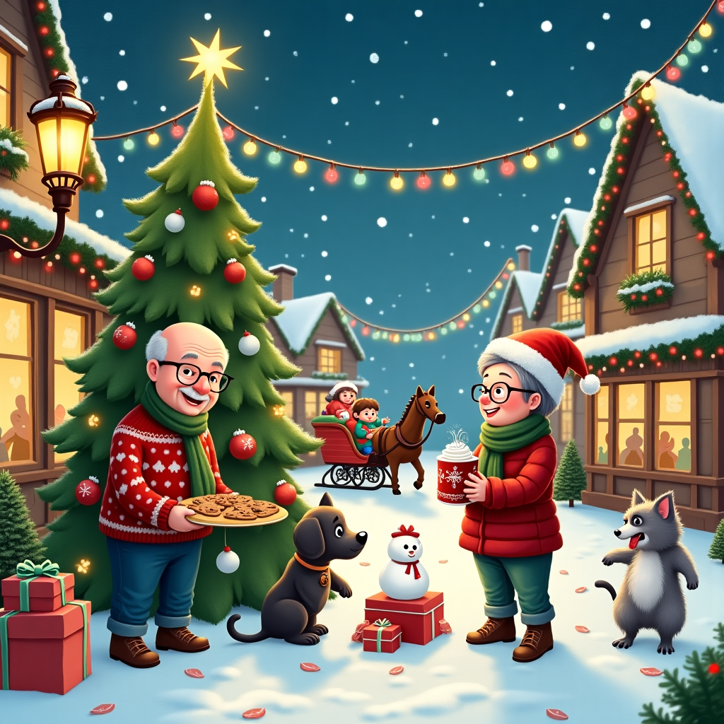 In this whimsical Christmas card scene, imagine a cozy, snow-covered village square under a twilight sky, sprinkled with twinkling stars. The square is alive with vibrant holiday decorations; strings of multicolored lights drape from quaint, wooden lampposts, casting a warm glow on the cobblestone streets. In the center of the scene stands a large, festively adorned Christmas tree, its branches laden with shiny ornaments and a radiant golden star perched on top. 

To the left, near a quaint, timber-framed bakery with frosted windows, stands our merry bald man in his sixties, with a twinkle in his eye and rosy cheeks. He's dressed in a jolly red Santa hat, a thick green scarf, and a knitted Christmas sweater adorned with reindeer motifs. His hands, wrapped in mittens, hold a tray of freshly baked gingerbread cookies, their spicy aroma seemingly wafting through the air.

Beside him is his joyful companion, a plump, grey-haired woman in her fifties, with a radiant smile and twinkling eyes behind her round spectacles. She is wrapped in a red puffy coat with a snowflake-patterned scarf, and holds a steaming cup of hot cocoa with a generous topping of whipped cream and a dusting of cocoa powder.

At their feet, a delightful crew of pets add a lively dynamic to the scene. The charcoal Labrador is playfully digging in a pile of snow, his tail wagging furiously, as if he's found a hidden treasure. Nearby, the grey and white cat sits primly, with a curious expression, atop a stack of neatly wrapped presents, her paw reaching out to bat at a dangling ornament from the tree. Close to her, a miniature Yorkshire Terrier with a shiny, brown and black coat prances around, energetically chasing snowflakes as they drift gently to the ground.

In the background, children can be seen playing, making snow angels and building a jolly snowman, while a horse-drawn sleigh passes by, its jingle bells resonating in the crisp, wintry air. This bustling holiday scene is brimming with details that invite the viewer to linger, capturing the essence of Christmas cheer in a charming, cartoon-inspired tableau.
Generated with these themes: Bald man in his sixties, fat, Grey haired woman in her 50s,fat, Charcoal Labrador, Grey and white cat, and Miniature yorkshire terrier,brown and black.
Made with ❤️ by AI.