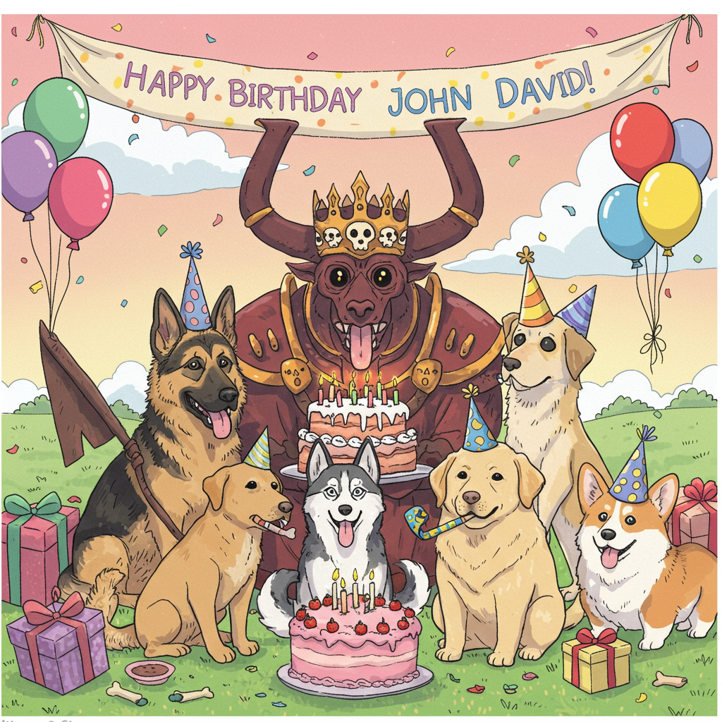 Imagine a vibrant, playful birthday scene bursting with cartoonish charm and an exaggerated sense of fun. At the center is Khorne, depicted with a whimsical twist, reminiscent of a Charles Schulz character. He has a large, comical crown adorned with cartoonish skulls and exaggerated, oversized eyes peering mischievously over a cake that's as towering as it is colorful.

To his right, two corgis with adorably plump bodies and short legs stand on their hind legs, each wearing a tiny, festive party hat with bright polka dots. Their tongues comically loll out of their mouths as if caught mid-bark. To his left, the two German Shepherds, with their striking black and tan fur, are drawn with exaggerated ears perked up in alertness, their bushy tails wagging energetically. One holds a large bone, cartoon-style, between its teeth.

Front and center, a husky with icy blue eyes and a bushy tail sits, its expression full of exaggerated surprise, its tongue hanging to the side comically. Next to it, a golden Labrador, depicted with an endearing roundness and shiny coat, holds a party blower in its mouth, which curls whimsically outward.

In the background, a sky of pastel colors transitions from pink to orange, dotted with fluffy clouds that mimic the playful style of Hergé. A whimsical banner arcs across the sky in a rainbow of colors with bold, bubbly letters spelling out "Happy Birthday John David!" The letters appear to jiggle as if caught mid-celebration.

The ground is a checkerboard of soft greens and blues, reminiscent of the playful landscapes seen in Bill Watterson's work. Scattered around are oversized, cartoonishly wrapped presents, each with ribbons that curl in exaggerated loops. Balloons float upward, drawn with a light touch, their strings tangled whimsically around the dogs' tails.

This scene is a playful tapestry of vivid colors and quirky characterizations, perfectly capturing a celebration that's both unique and universally joyful.
Generated with these themes: Khorne with two corgis and two German Shepards and one husky and one golden labrador .
Made with ❤️ by AI.