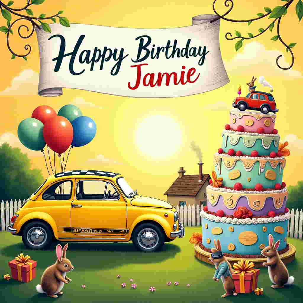 Picture this: A vibrant birthday card bursting with a whimsical charm, where a modern, eye-catching yellow Fiat Abarth is at the heart of the scene, parked slightly askew on a lush, rolling green meadow. The car, detailed with shiny chrome accents, distinctive sporty lines, and a checkered roof, is both playful and chic. Its windows are rolled down, and colorful balloons in shades of red, blue, and orange float cheerily from the back seat, tied with curling ribbons.

To the right, a fantastically decorated birthday cake towers with several layers, each adorned with intricate designs reminiscent of Aubrey Beardsley's work. The cake is a palette of pastel hues: soft lavender, mint green, and buttercup yellow, topped with a playful topper shaped like a tiny, cartoonish Fiat Abarth.

In the foreground, a gang of animated woodland creatures à la Beatrix Potter, perhaps a dapper rabbit in a waistcoat and a hedgehog with a tiny top hat, gather around the scene in awe and celebration. They hold miniature gifts wrapped in colorful paper and tied with oversized bows, adding a touch of N.C. Wyeth's storytelling style.

Above this lively tableau, a banner flutters in the breeze, intricately drawn in the style of Quentin Blake, with whimsical, slightly wobbly letters that read "Happy Birthday Jamie" in bold, cheerful colors. It arches playfully across a sky brushed with Maxfield Parrish’s signature golden sunset hues, casting a warm glow over the entire scene.

Behind, a quaint, Rockwellian countryside cottage peeks out, with smoke gently puffing from its chimney, surrounded by a picket fence that adds depth and a hint of nostalgia. The scene is bordered with a delicate, curling frame of leaves and vines, a nod to the detailed linework of Arthur Rackham, tying together this charmingly eccentric birthday celebration.
Generated with these themes: Modern Yellow Fiat Abarth Birthday.
Made with ❤️ by AI.