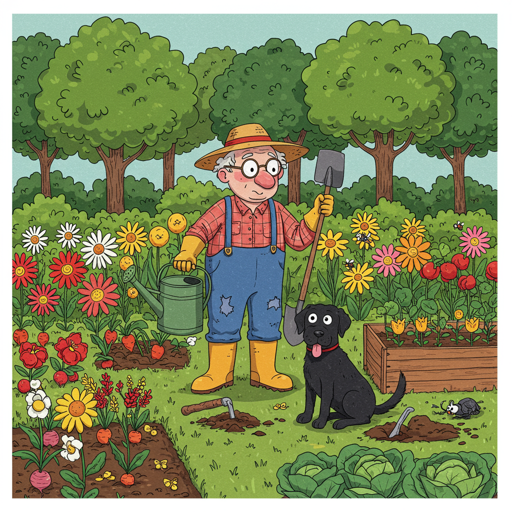 **Card Front Design Description:**

**Scene Overview:**
The front of the greeting card features a humorous, cartoon-style illustration of an elderly man in a vibrant, lush garden, accompanied by his mischievous black Labrador. The composition is designed to be lively, with exaggerated features and a playful tone, taking inspiration from classic and contemporary comic styles.

**Characters:**

1. **Old Man:**
   - **Facial Features:** A comically oversized, bulbous nose and thick, round spectacles perched on his nose. His eyebrows are bushy and expressive, accentuating his exaggerated wide eyes.
   - **Clothing:** He wears a bright plaid shirt with suspenders and oversized gardening boots. His hat, a sun-faded straw hat, sits slightly askew on his head.
   - **Pose:** He is slightly bent over, holding a large watering can in one hand. His other hand is exaggeratedly large, waving a spade comically.

2. **Black Labrador:**
   - **Features:** The dog has an overly wagging tail, floppy ears, and a playful expression. His eyes are large and cartoonishly eager.
   - **Pose:** Sitting with one paw in the air, as if caught in a playful dig. There’s a patch of freshly dug earth with a small pile of soil beside him.

**Background:**

- **Garden:**
  - **Flowers:** Brightly colored, oversized daisies and tulips with vibrant reds, yellows, and pinks populate the scene. The petals are slightly exaggerated in size, with some comically large insects buzzing around them.
  - **Vegetables:** Rows of exaggeratedly large carrots, tomatoes, and cabbages are depicted, with cartoonishly vibrant greens and oranges.
  - **Trees:** A backdrop of stylized, bushy trees with curly branches and a palette of rich greens.
  
- **Sky and Elements:**
  - **Sky:** A clear, bright blue with a few fluffy, oversized white clouds shaped like whimsical characters (like a cat or a teapot) drifting lazily by.
  - **Sun:** A smiling sun with sunglasses, exaggeratedly large and comically peeking over the trees.

**Additional Elements:**

- **Garden Tools:** A brightly colored wheelbarrow tipped over with garden tools spilling out. A small bird perches on the handle, cartoonishly eyeing the scene.
- **Signage:** A small wooden sign planted in the ground reads “Garden of Gratitude” with a comical, exaggerated font, similar to that seen in early Disney animations.

This vibrant and quirky scene sets the stage for a humorous and heartfelt thank-you card, capturing the essence of classic and modern cartoon artistry.
Generated with these themes: OLD MAN IN GARDEN WITH BLACK LABRADOR.
Made with ❤️ by AI.