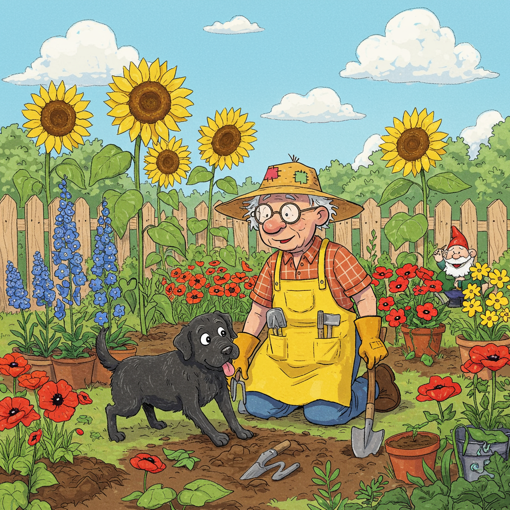 In the center of the card, an old man with a playful and cartoonish expression, reminiscent of Charles Schulz's characters, is kneeling in his vibrant garden. His features are exaggerated: a bulbous nose, large round glasses, and a shock of wild white hair peeking out from under a sunhat adorned with colorful patches. His sun-kissed skin is a warm caramel hue, crinkled like a well-loved comic strip character. He's wearing a bright yellow gardening apron with pockets overflowing with tools—each with a splash of vibrant color.

Beside him, a joyful black Labrador, inspired by Bill Watterson’s expressive style, is playfully trying to dig a hole with exaggerated enthusiasm. The dog’s eyes are wide and mischievous, its tongue lolling to the side, capturing a sense of lively motion. The fur of the Labrador is a glossy black, with highlights that dance like sunlight across a Disney character's coat.

The garden itself is a riot of colors, echoing Hergé's clean and crisp lines, with rows of vividly colored flowers—electric blue delphiniums, fiery red poppies, and sun-bright marigolds—each drawn with clear, defined edges. Oversized sunflowers tower comically over the man and his dog, their petals a vibrant yellow, and stems a deep, leafy green.

In the background, a whimsically bent wooden fence in a soft pastel blue surrounds the garden, suggesting a boundary to this lush, humorous scene. The sky above is an exaggerated bright azure, peppered with fluffy, exaggeratedly large white clouds, reminiscent of Winsor McCay's dreamlike scenes.

Scattered throughout the scene are a few humorous touches à la Gary Larson: a tiny gnome with an exaggeratedly bushy beard peeking from behind a flower pot, a pair of mismatched garden gloves animatedly 'high-fiving' in the background, and a cheeky cartoon butterfly with oversized wings fluttering near the old man’s hat.

This illustrative concoction of vibrant colors and exaggerated features invites viewers to appreciate the whimsical, lively thank-you scene.
Generated with these themes: OLD MAN IN GARDEN WITH BLACK LABRADOR.
Made with ❤️ by AI.