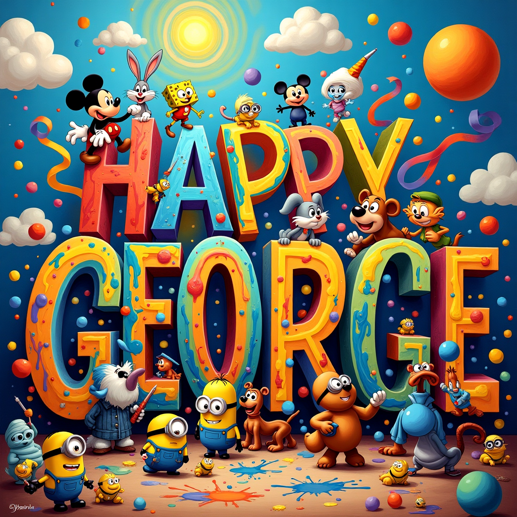 Many many characters from the cartoon multiverse working together to create a sign saying 'HAPPY BIRTHDAY GEORGE\, and Birthday Card